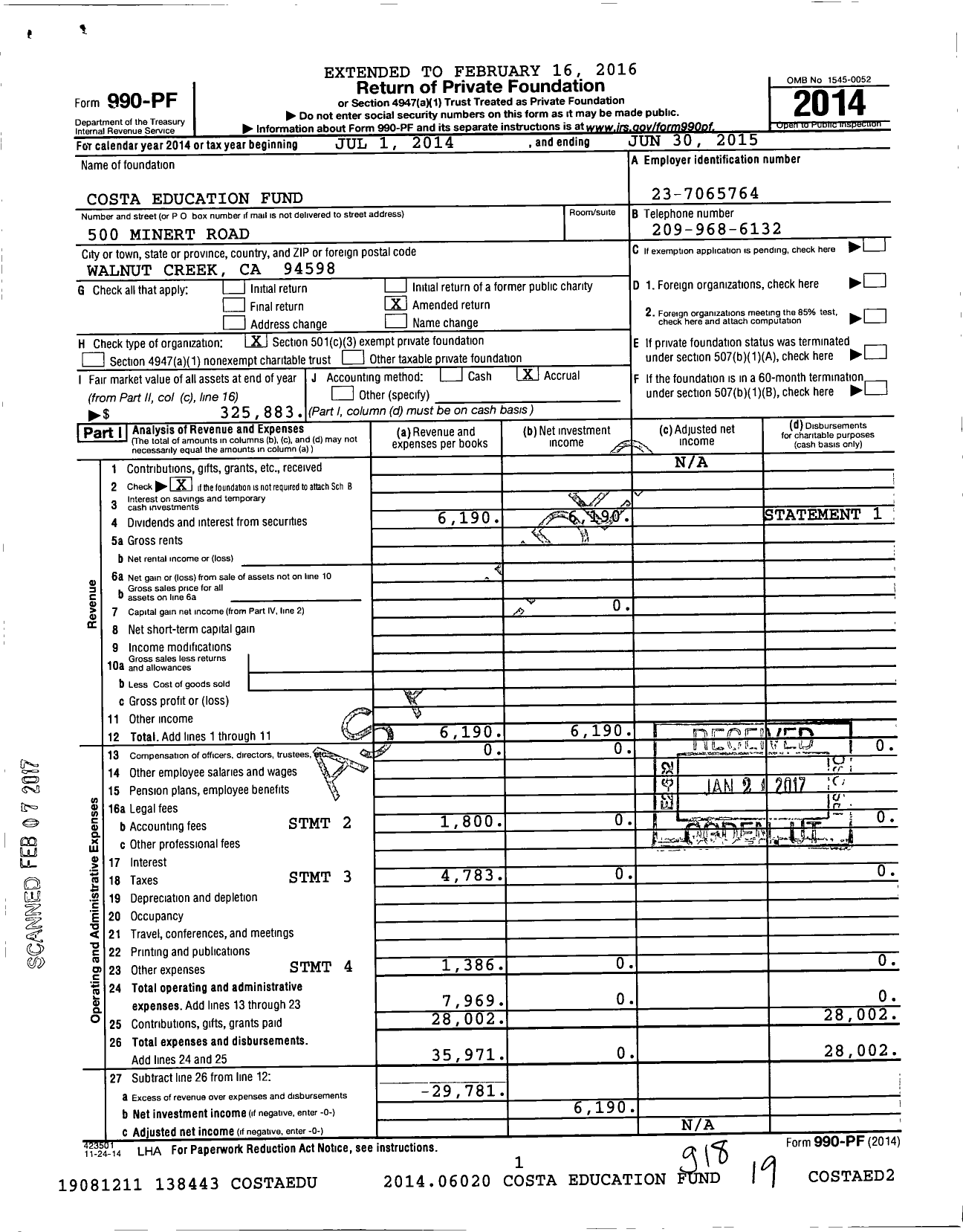 Image of first page of 2014 Form 990PF for Costa Education Fund