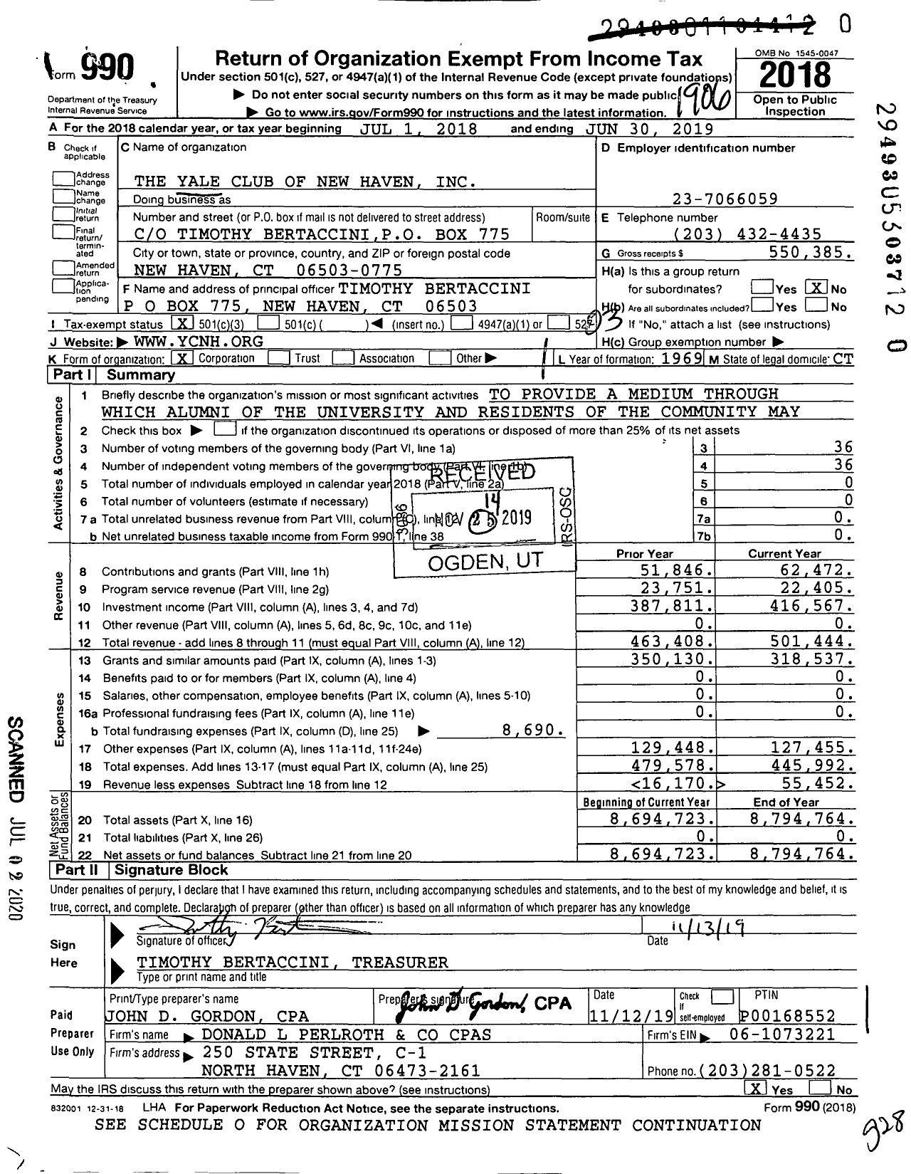 Image of first page of 2018 Form 990 for The Yale Club of New Haven