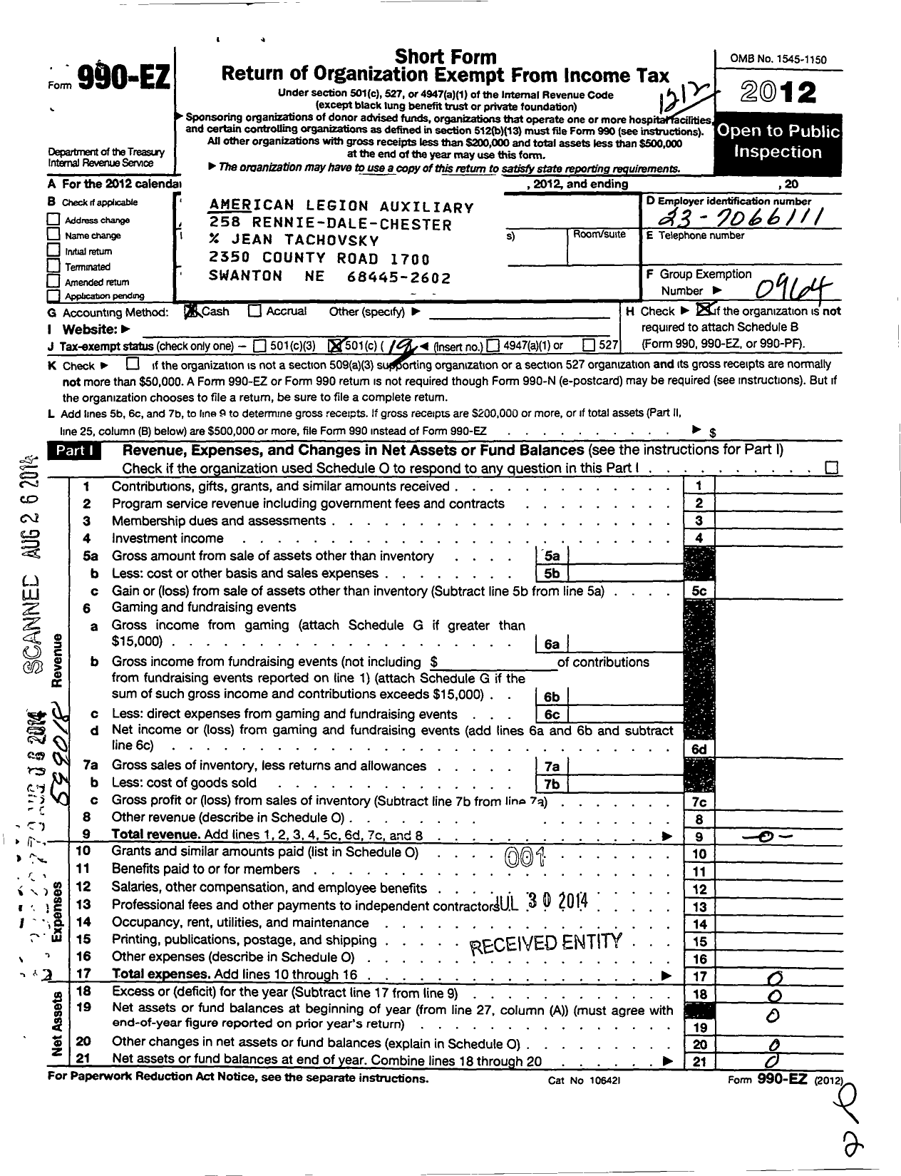 Image of first page of 2012 Form 990EO for American Legion / 258 Swanton Unit