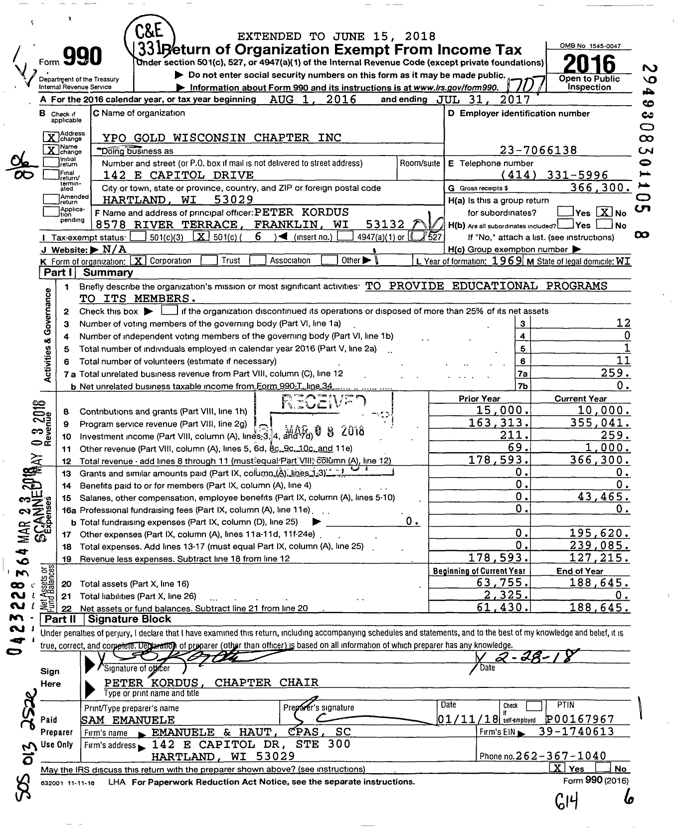 Image of first page of 2016 Form 990O for Young Presidents' Organization - YPO Gold Wisconsin Chapter