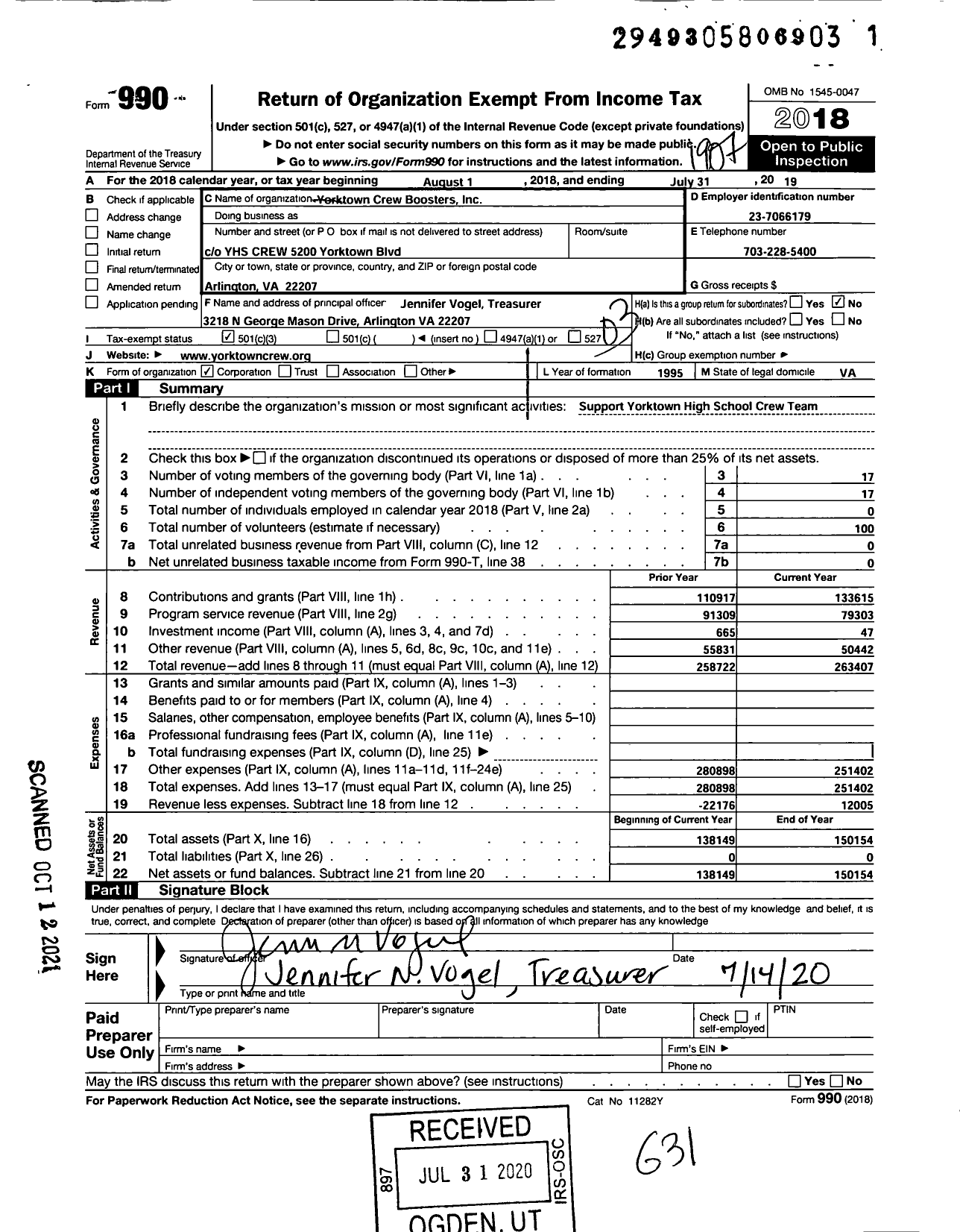 Image of first page of 2018 Form 990 for Yorktown Crew Boosters