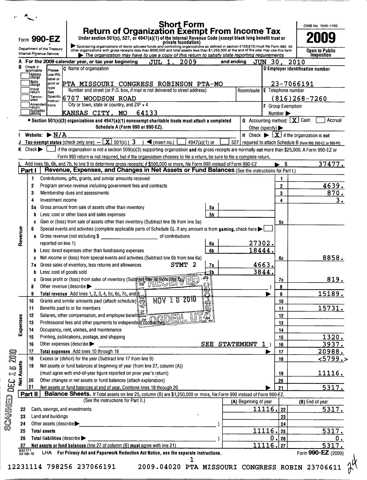 Image of first page of 2009 Form 990EZ for PTA Missouri Congress / Robinson PTA