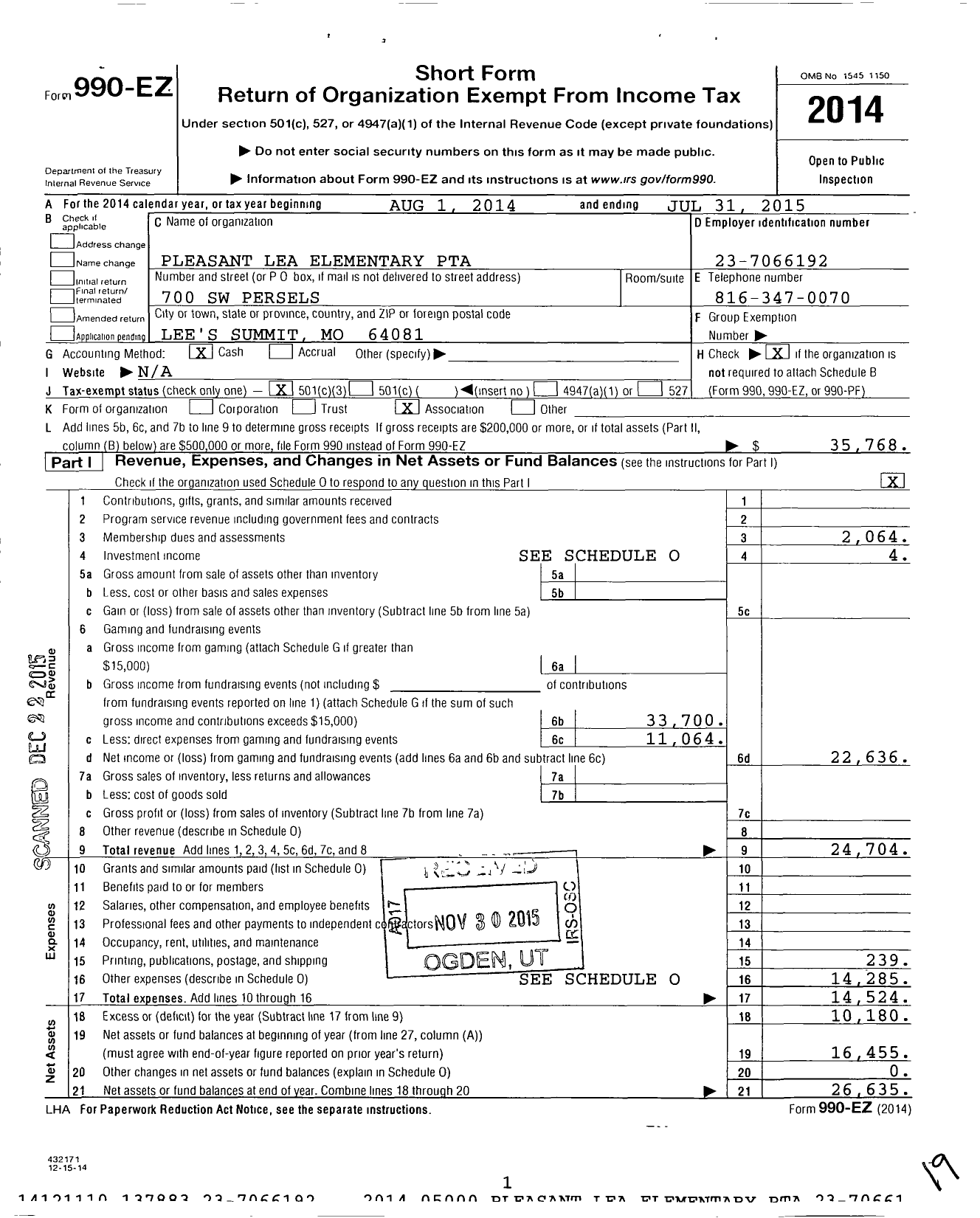 Image of first page of 2014 Form 990EZ for PTA Missouri Congress / Pleasant Lea Elementary PTA