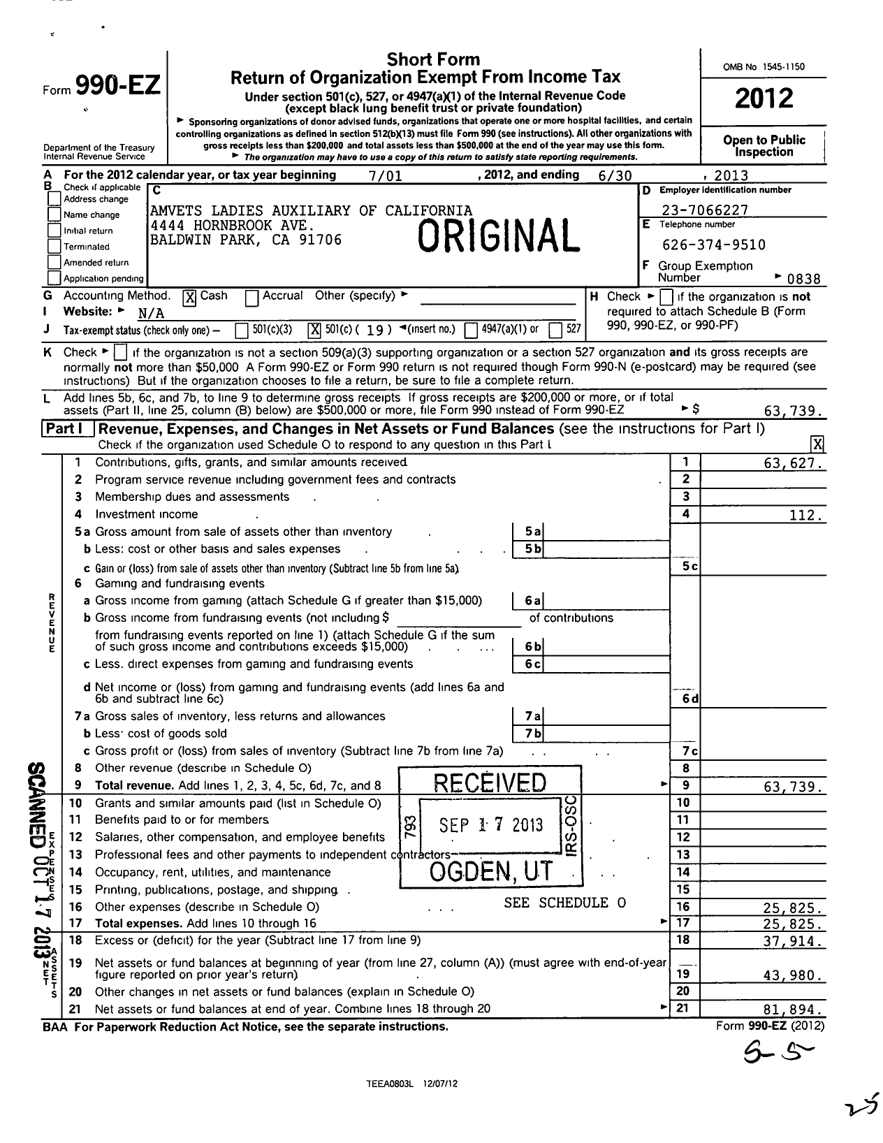 Image of first page of 2012 Form 990EO for Amvets - Amvets