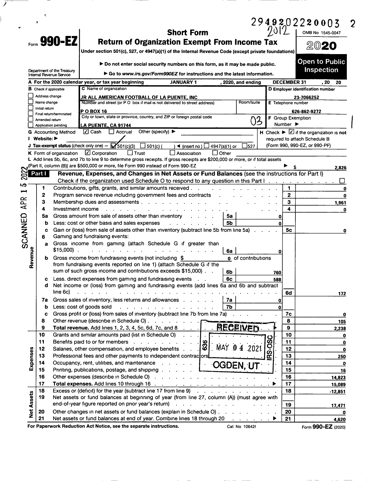 Image of first page of 2020 Form 990EZ for Junior All American Football of La Puente