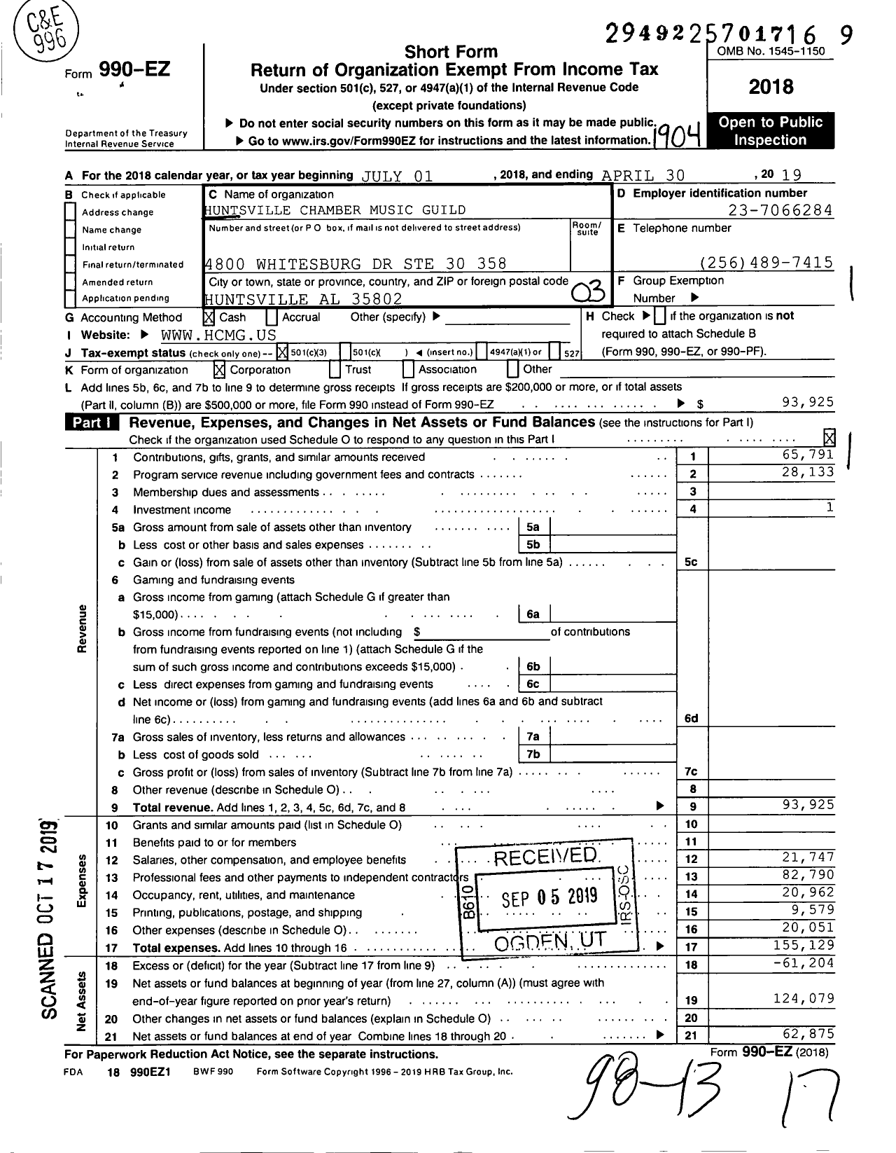 Image of first page of 2018 Form 990EZ for Huntsville Chamber Music Guild