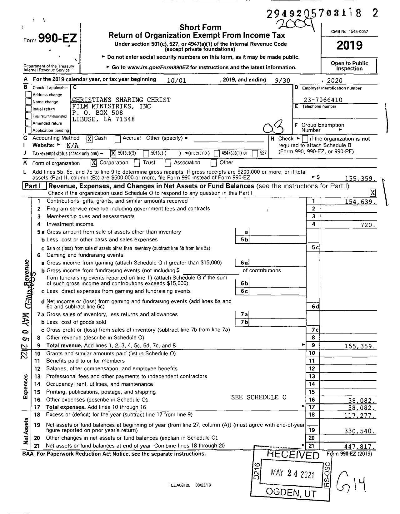 Image of first page of 2019 Form 990EZ for Christians Sharing Christ Film Ministries