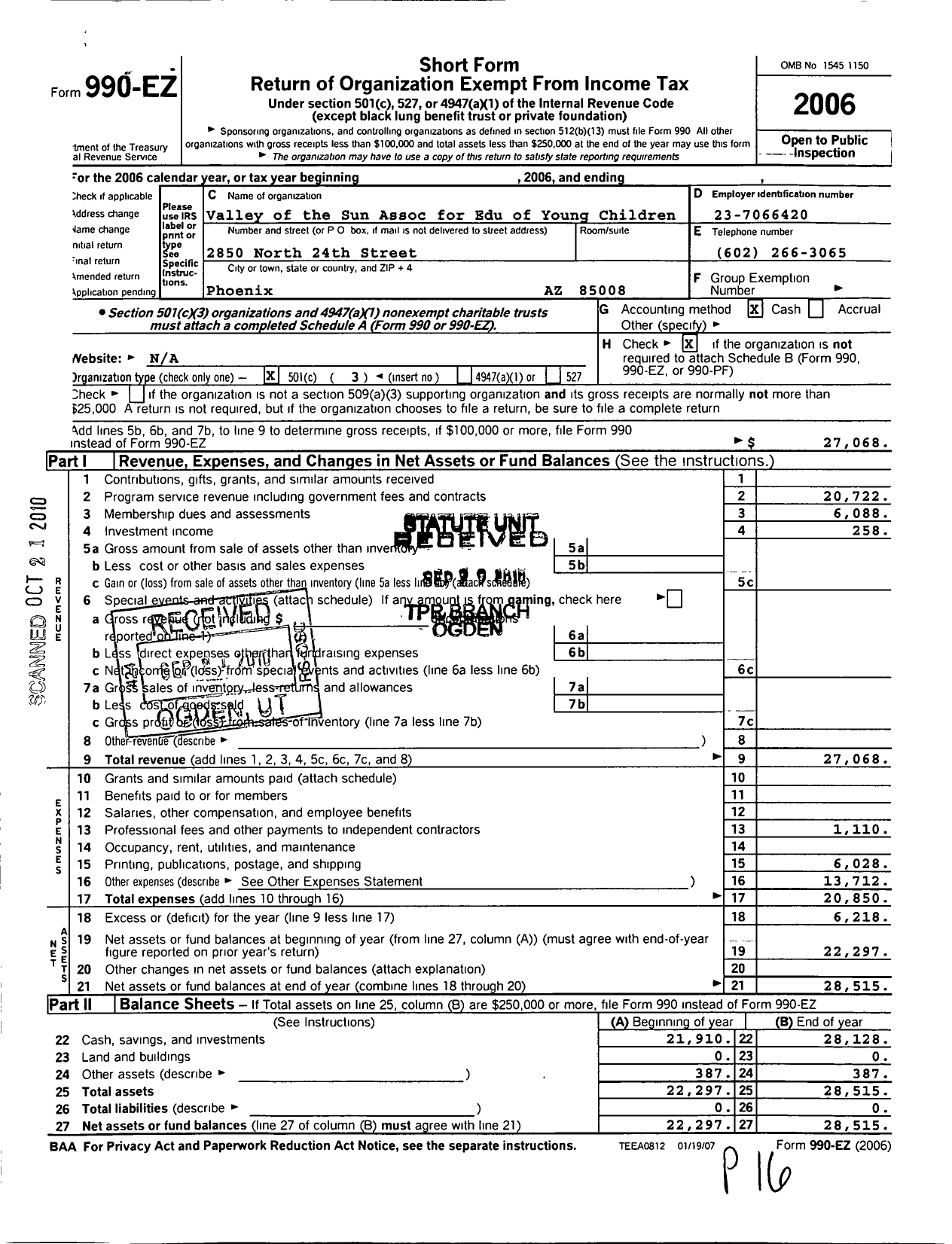 Image of first page of 2006 Form 990EZ for Valley of the Sun Association for the Education of Young Children