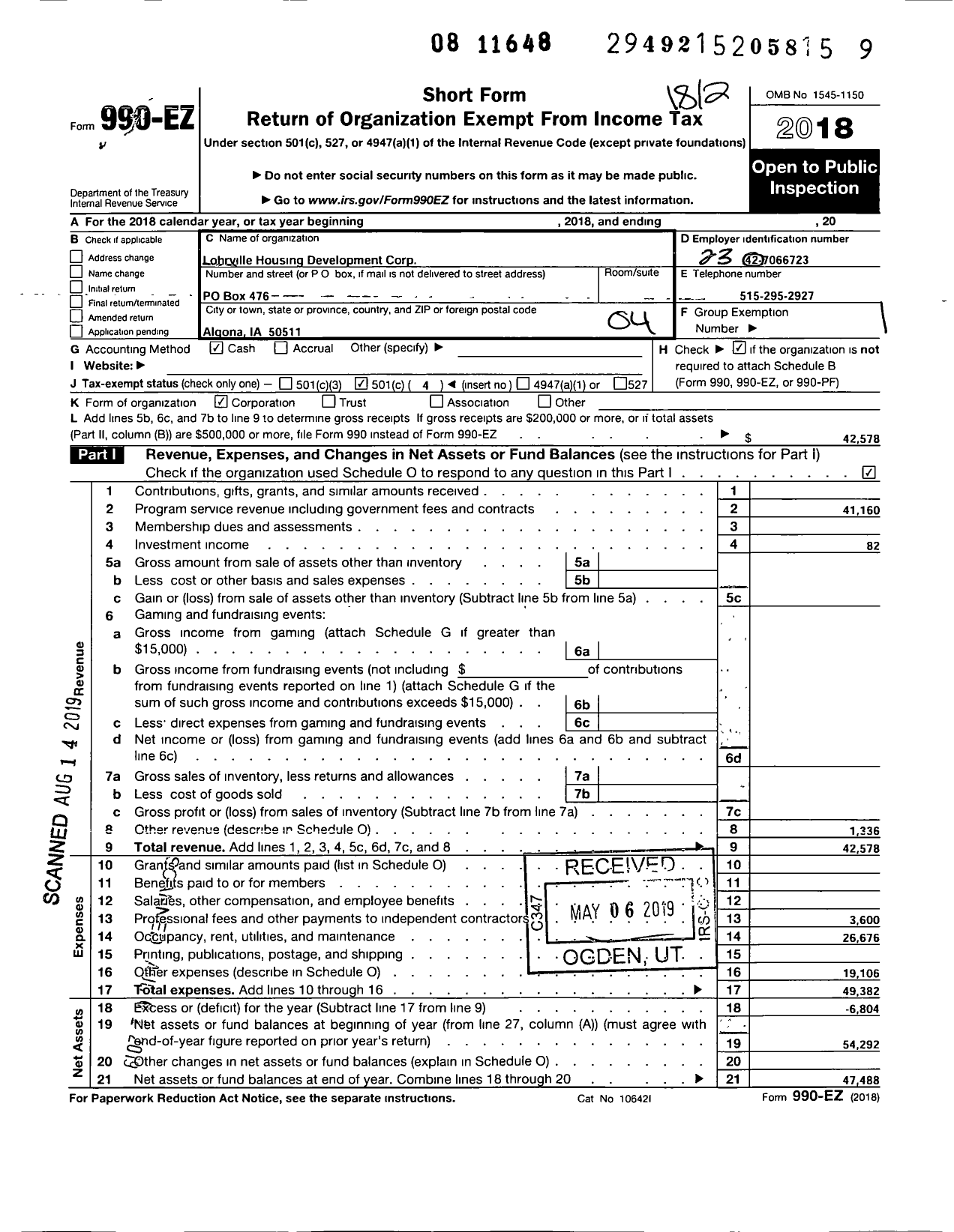 Image of first page of 2018 Form 990EO for Lohrville Development Corporation