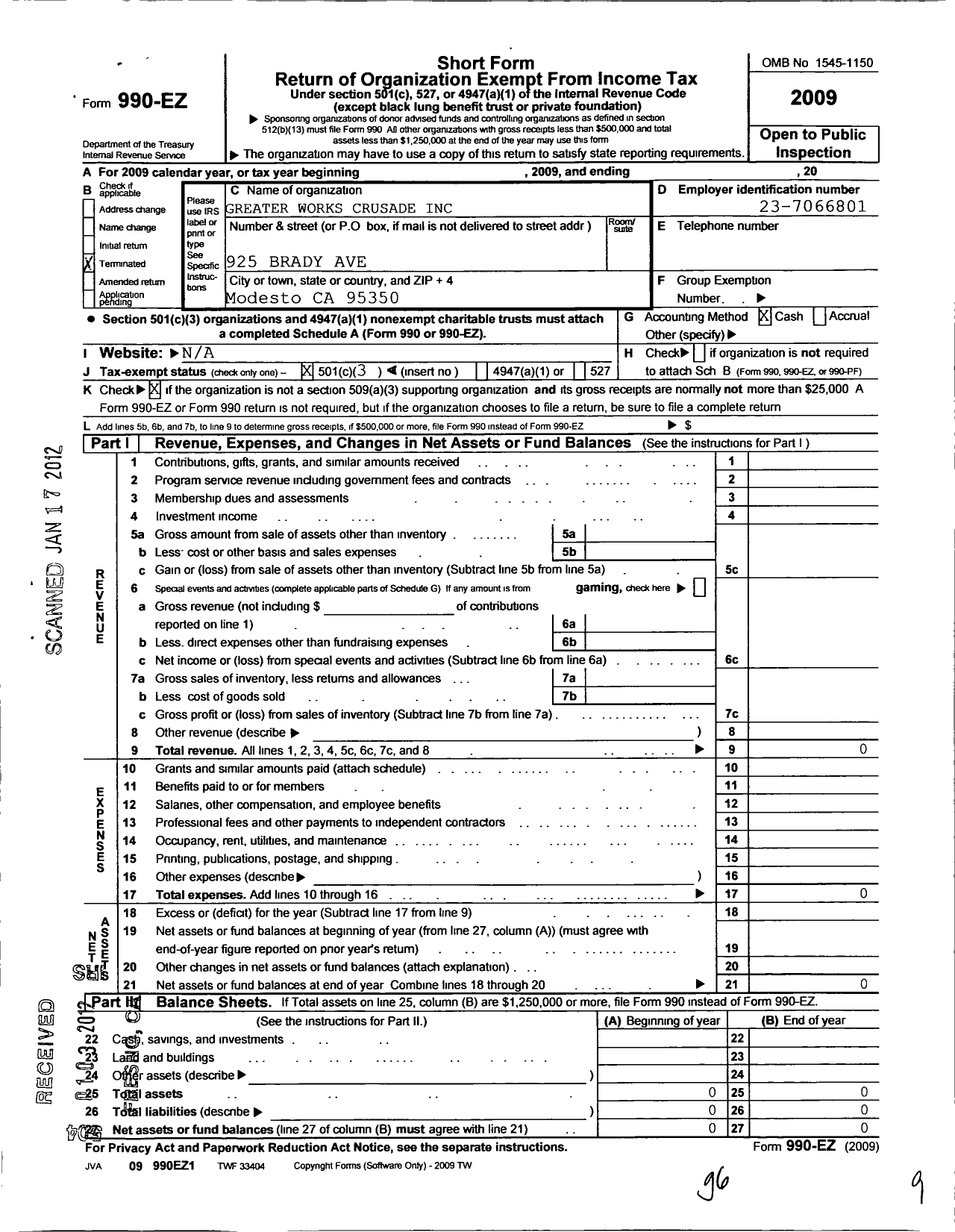 Image of first page of 2009 Form 990EZ for Greater Works Crusade