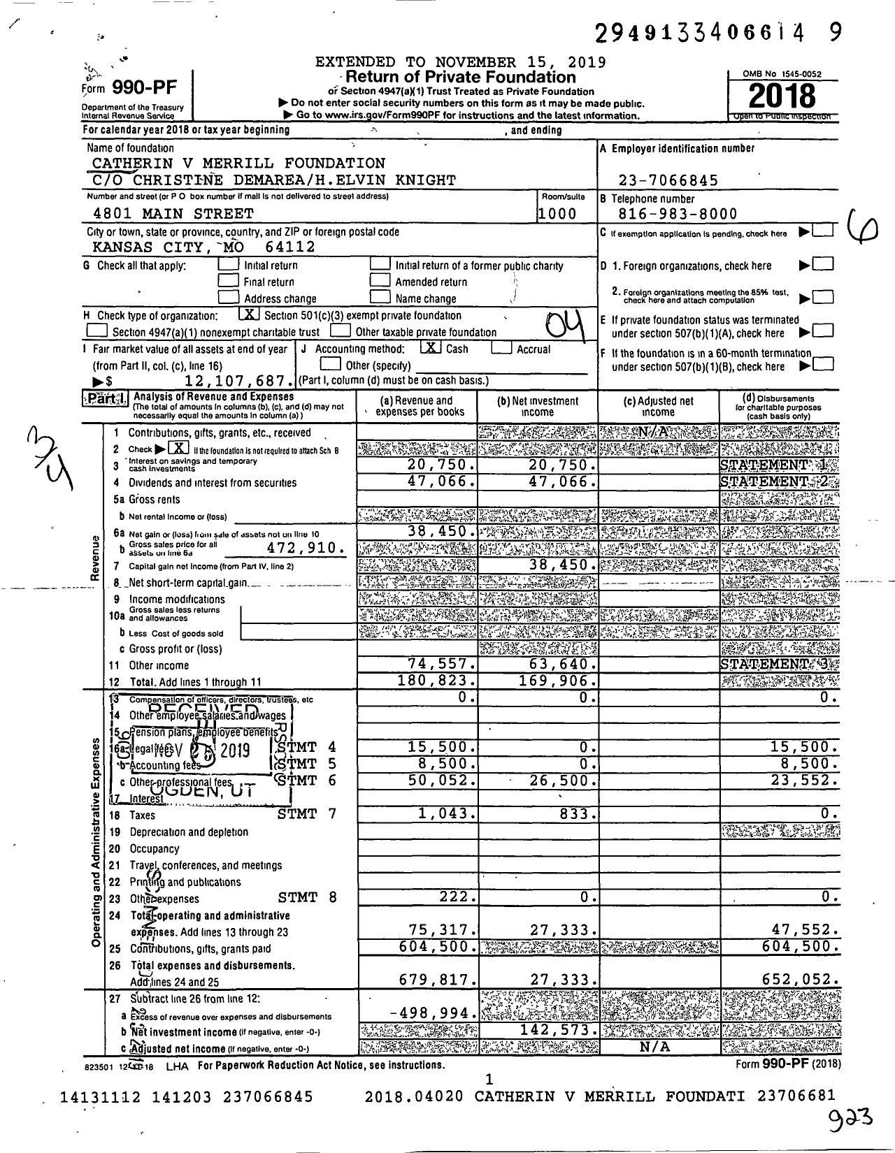 Image of first page of 2018 Form 990PF for Catherin V Merrill Foundation Christine Demareah Elvin Knight