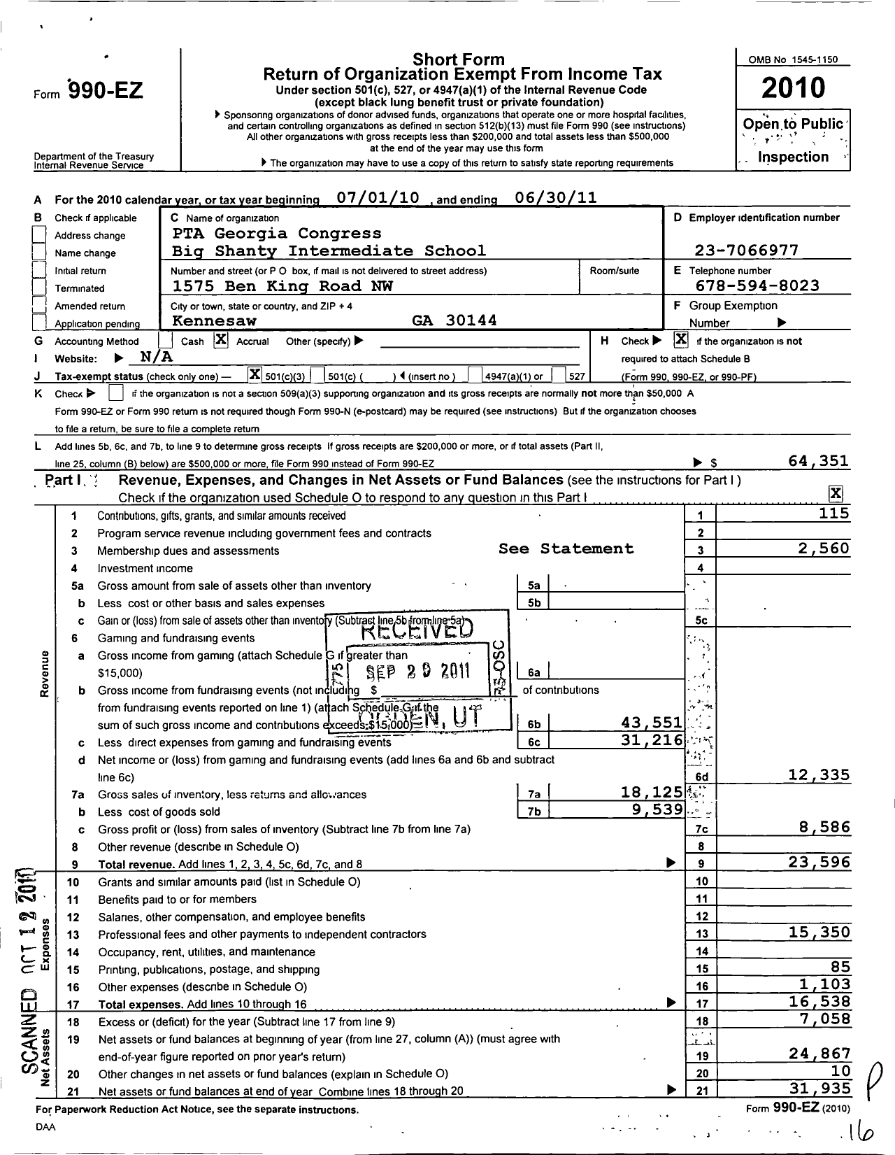 Image of first page of 2010 Form 990EZ for Georgia PTA - Big Shanty Es PTA