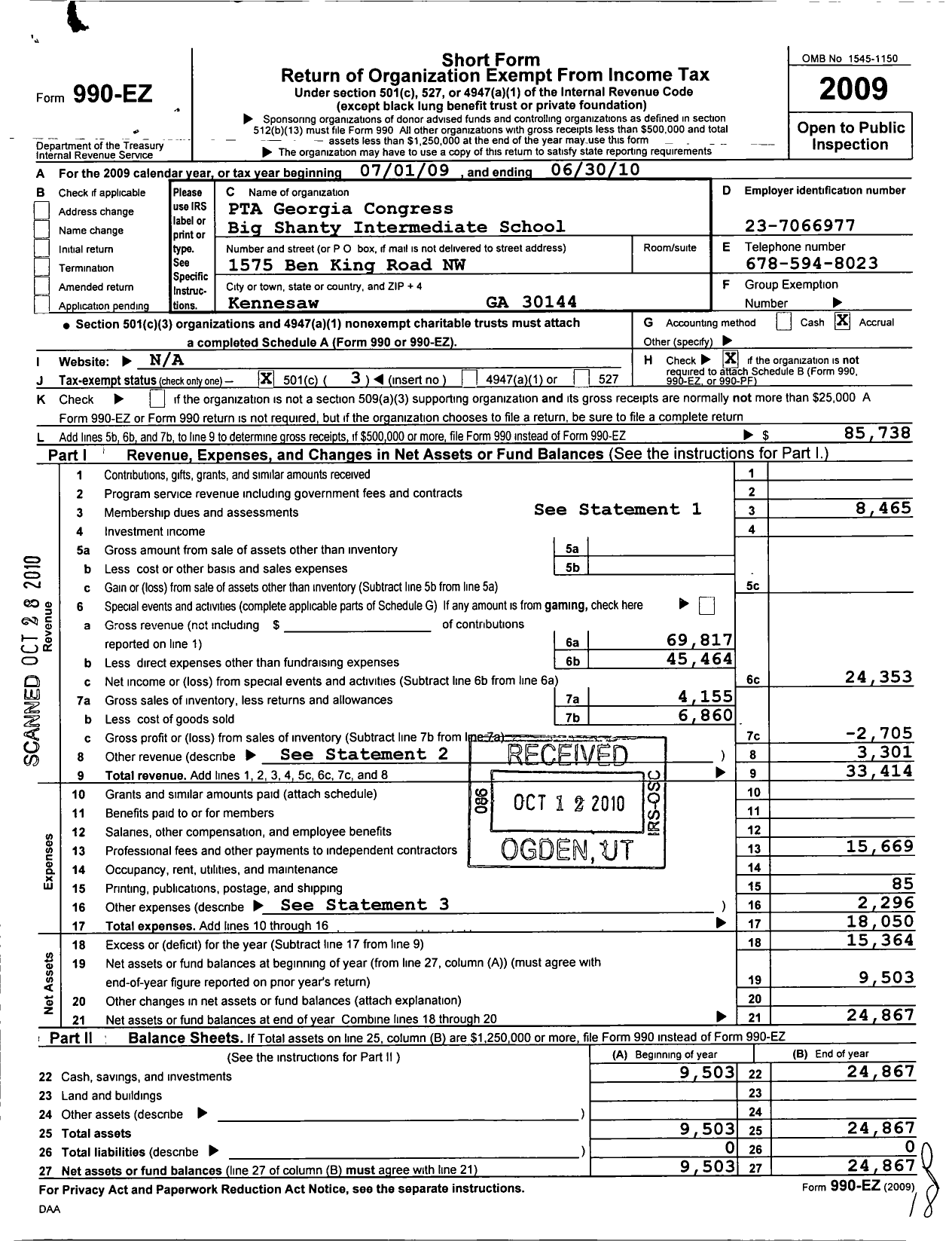 Image of first page of 2009 Form 990EZ for Georgia PTA - Big Shanty Es PTA