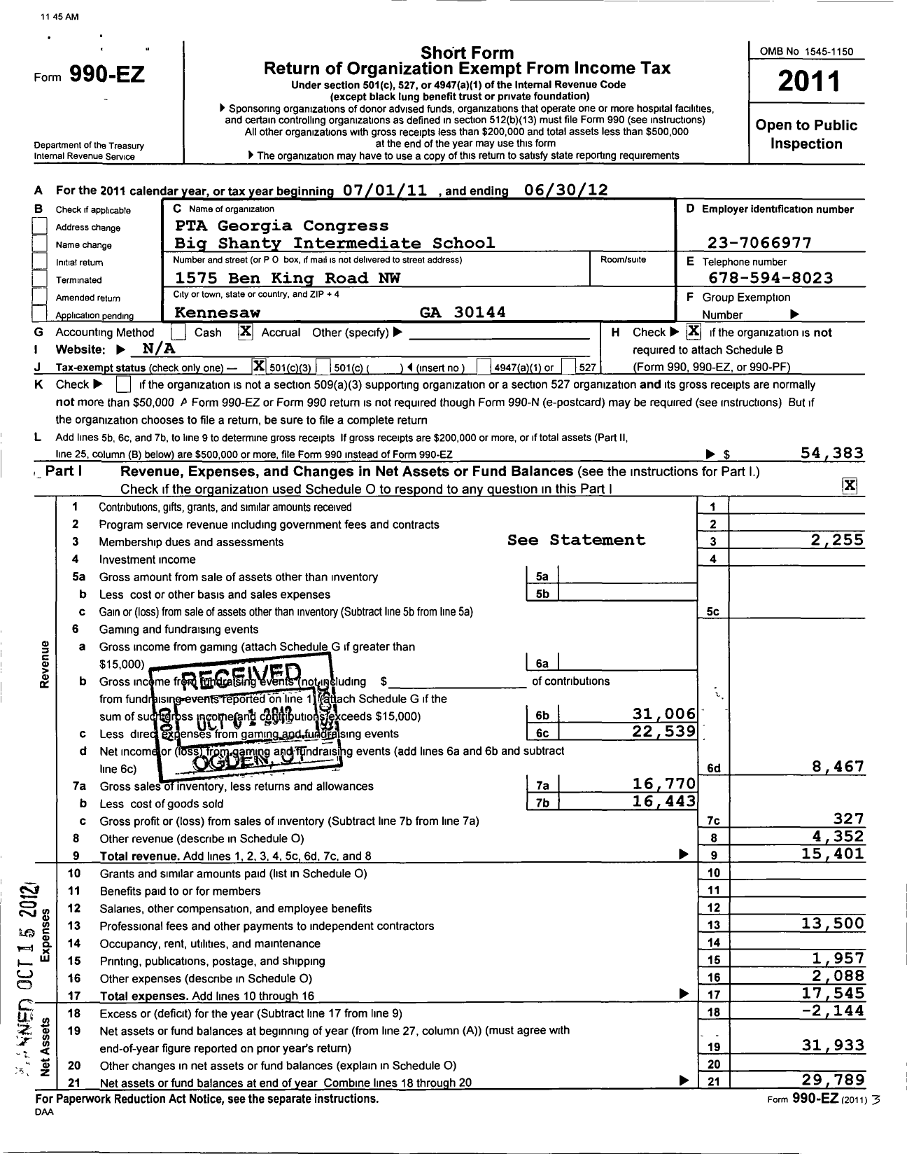 Image of first page of 2011 Form 990EZ for Georgia PTA - Big Shanty Es PTA