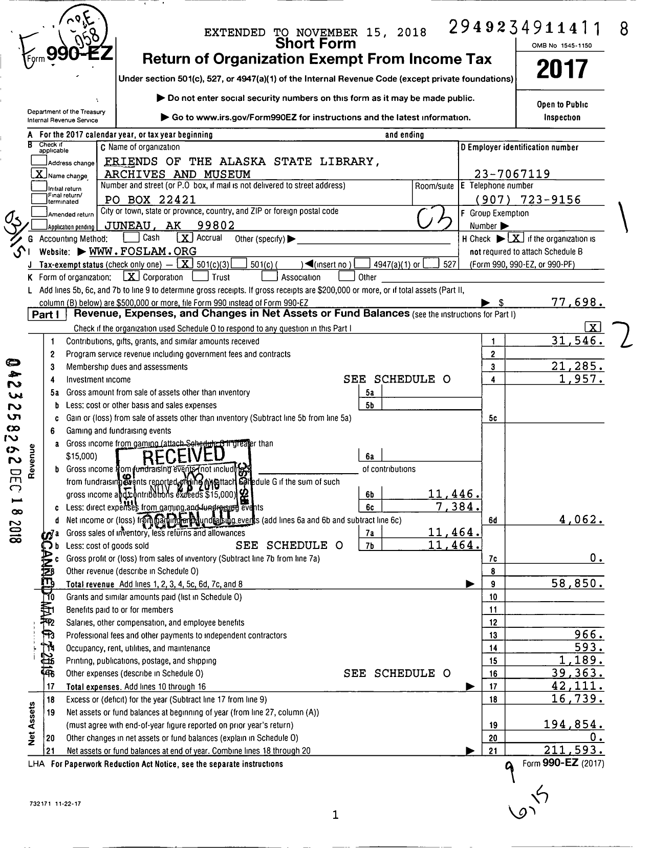 Image of first page of 2017 Form 990EZ for Friends of the Alaska State Library