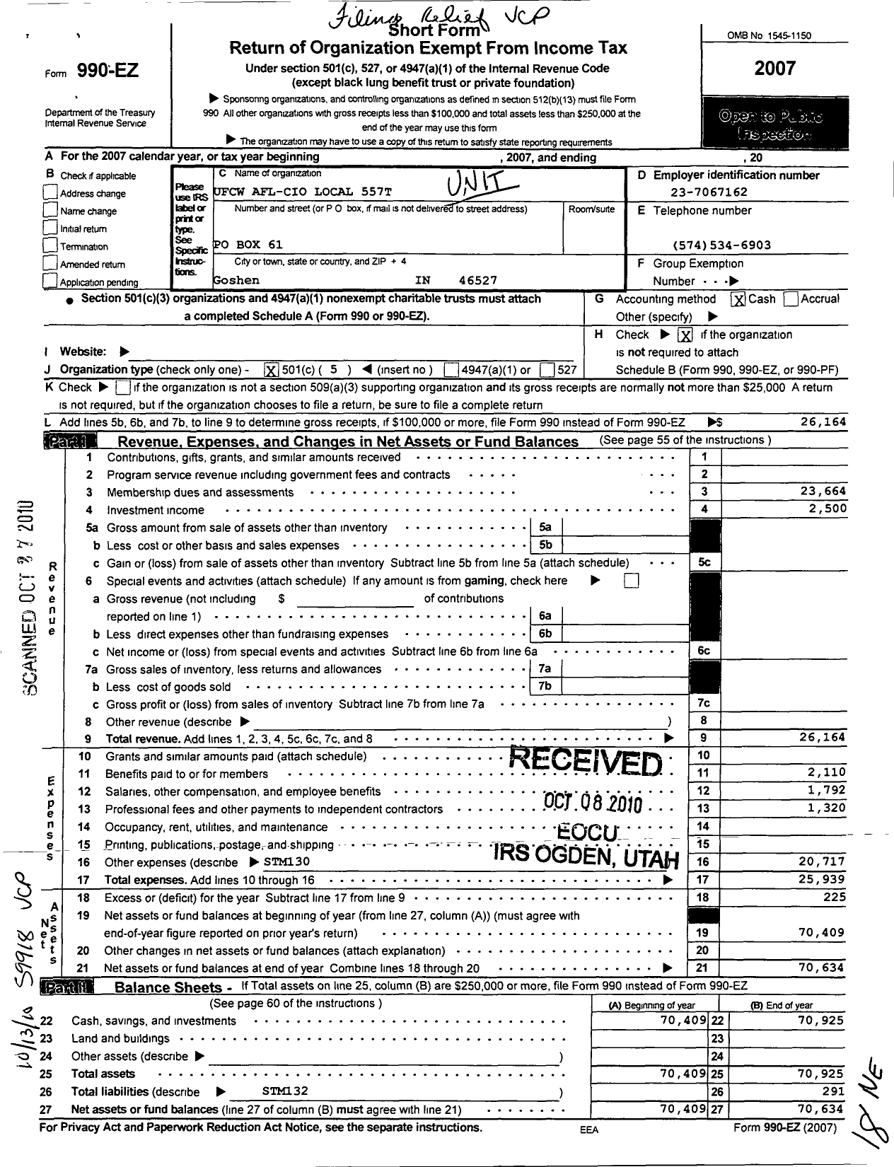 Image of first page of 2007 Form 990EO for United Food & Commercial Workers Union - 557t Local