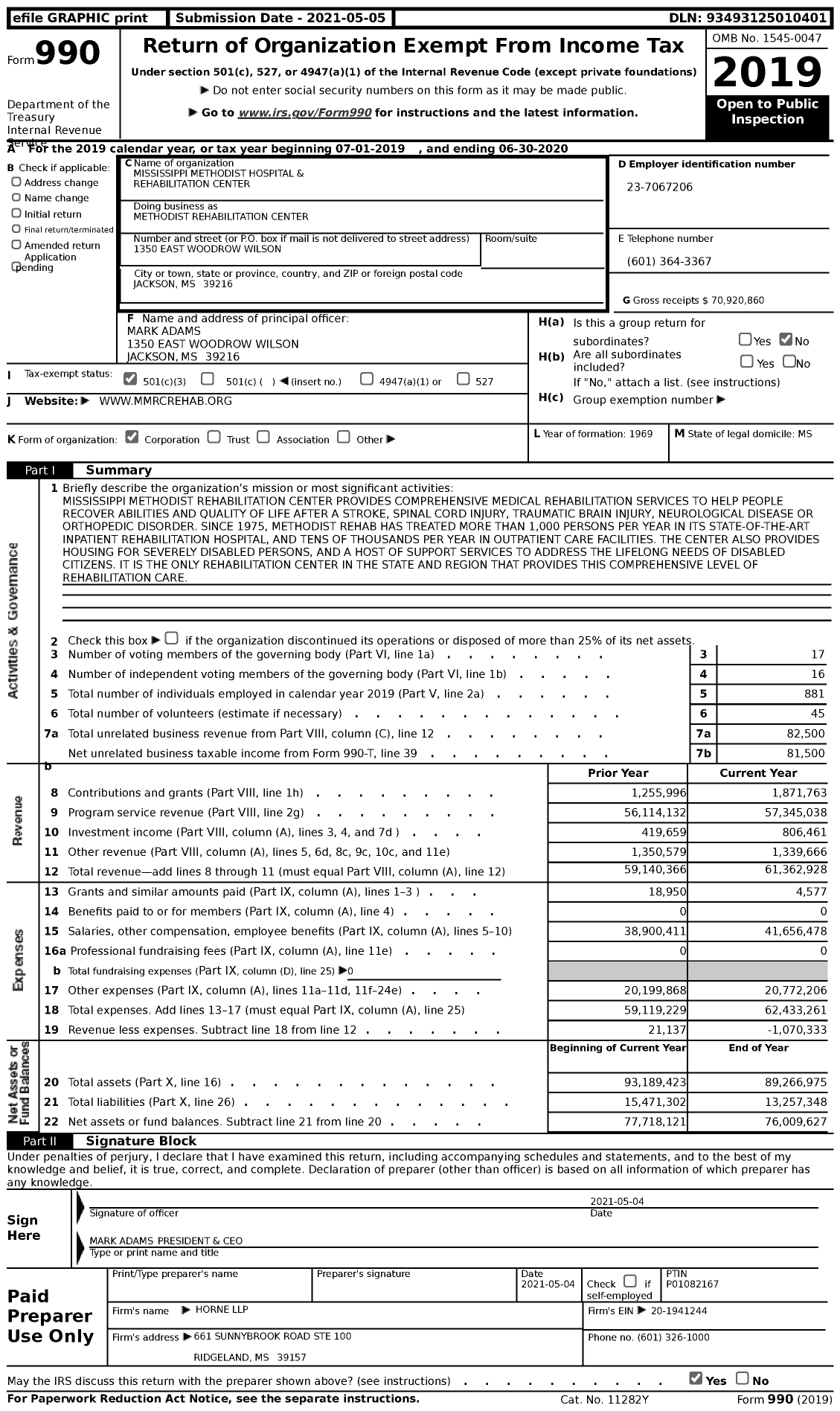 Image of first page of 2019 Form 990 for Methodist Rehabilitation Center
