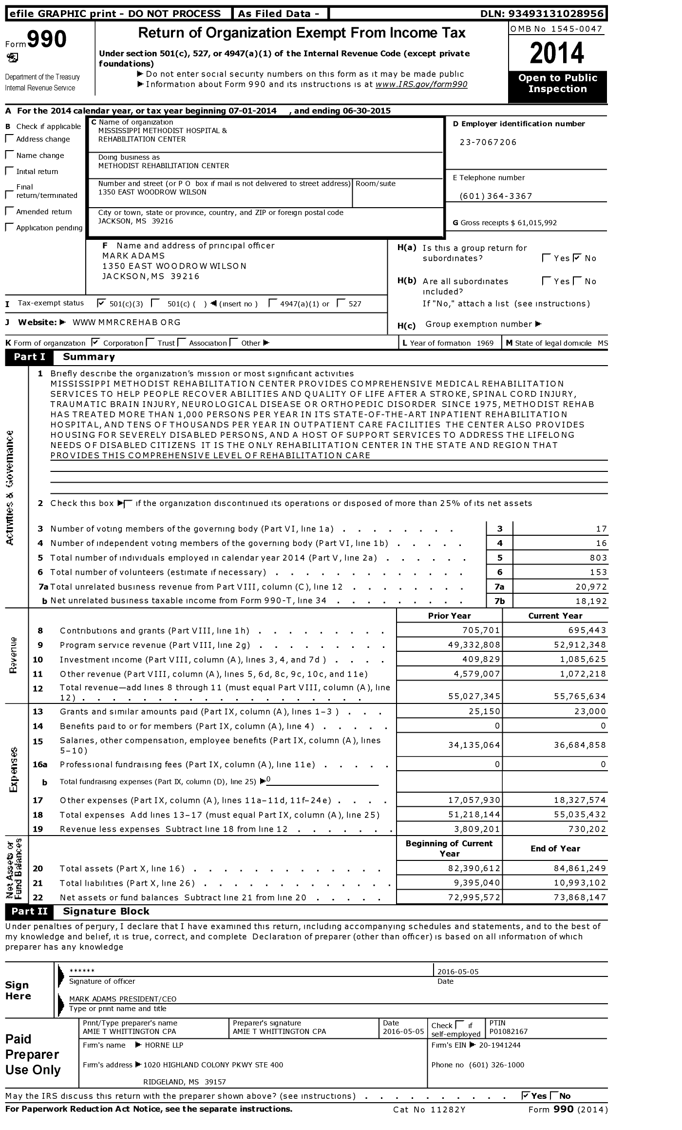 Image of first page of 2014 Form 990 for Methodist Rehabilitation Center