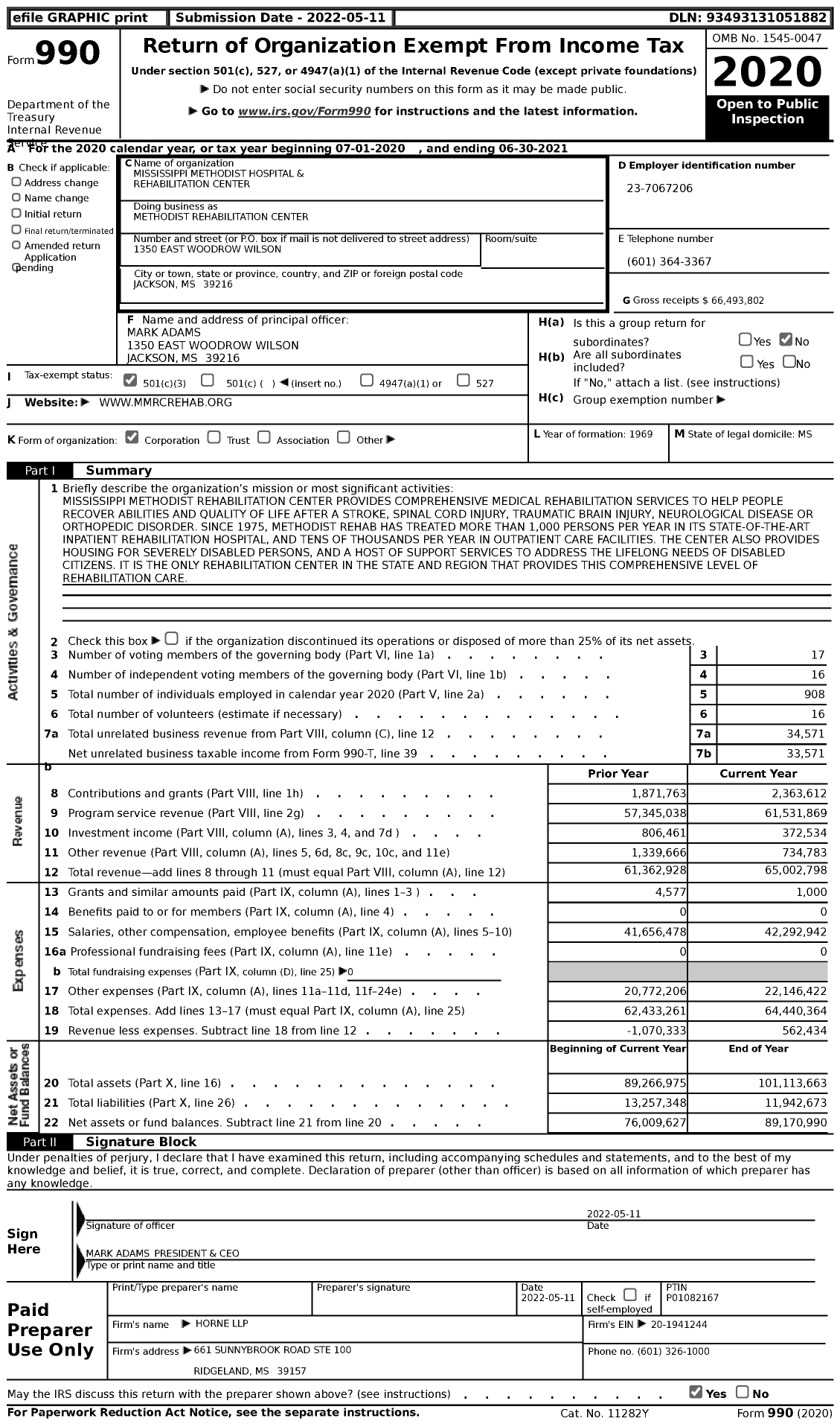 Image of first page of 2020 Form 990 for Methodist Rehabilitation Center