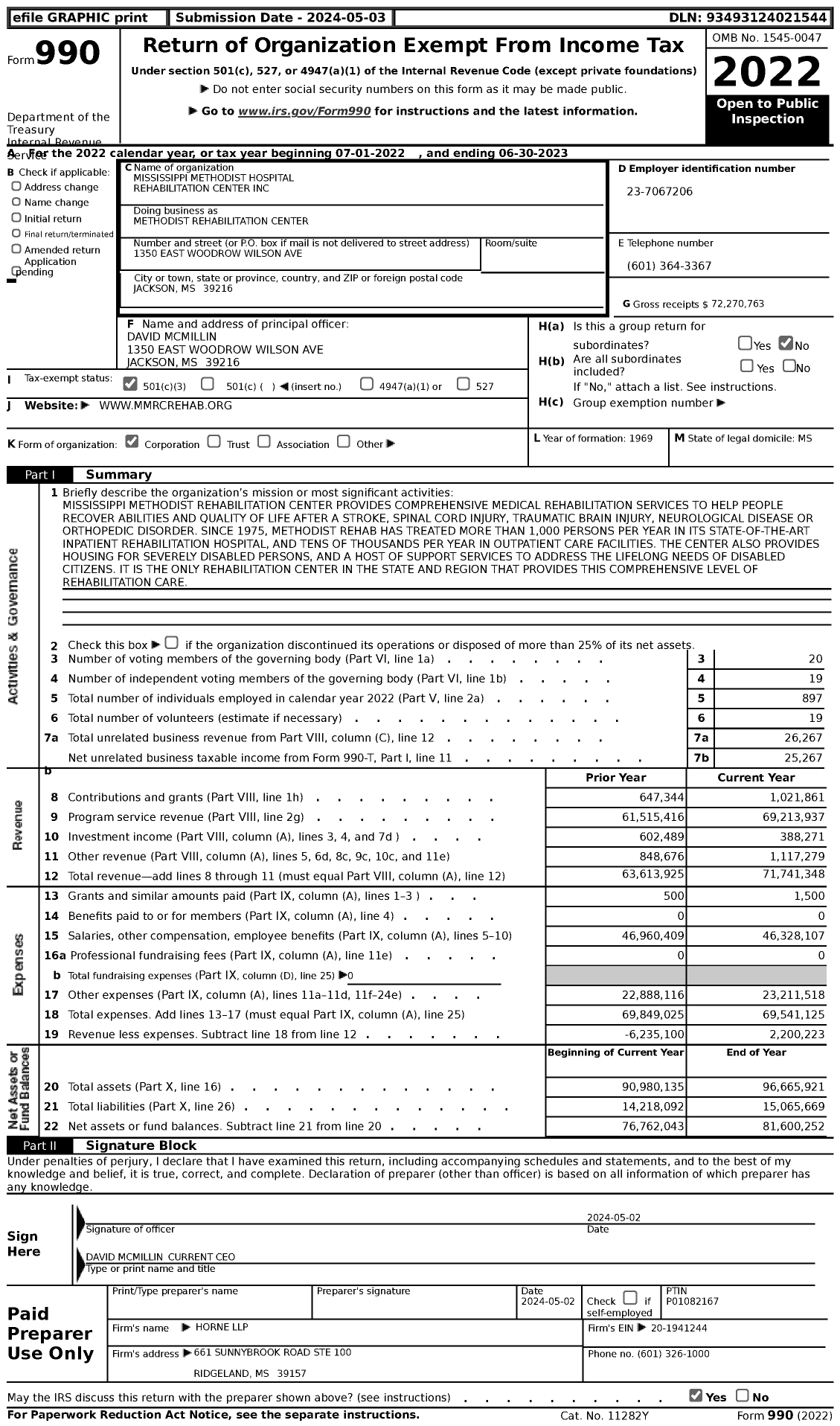 Image of first page of 2022 Form 990 for Methodist Rehabilitation Center