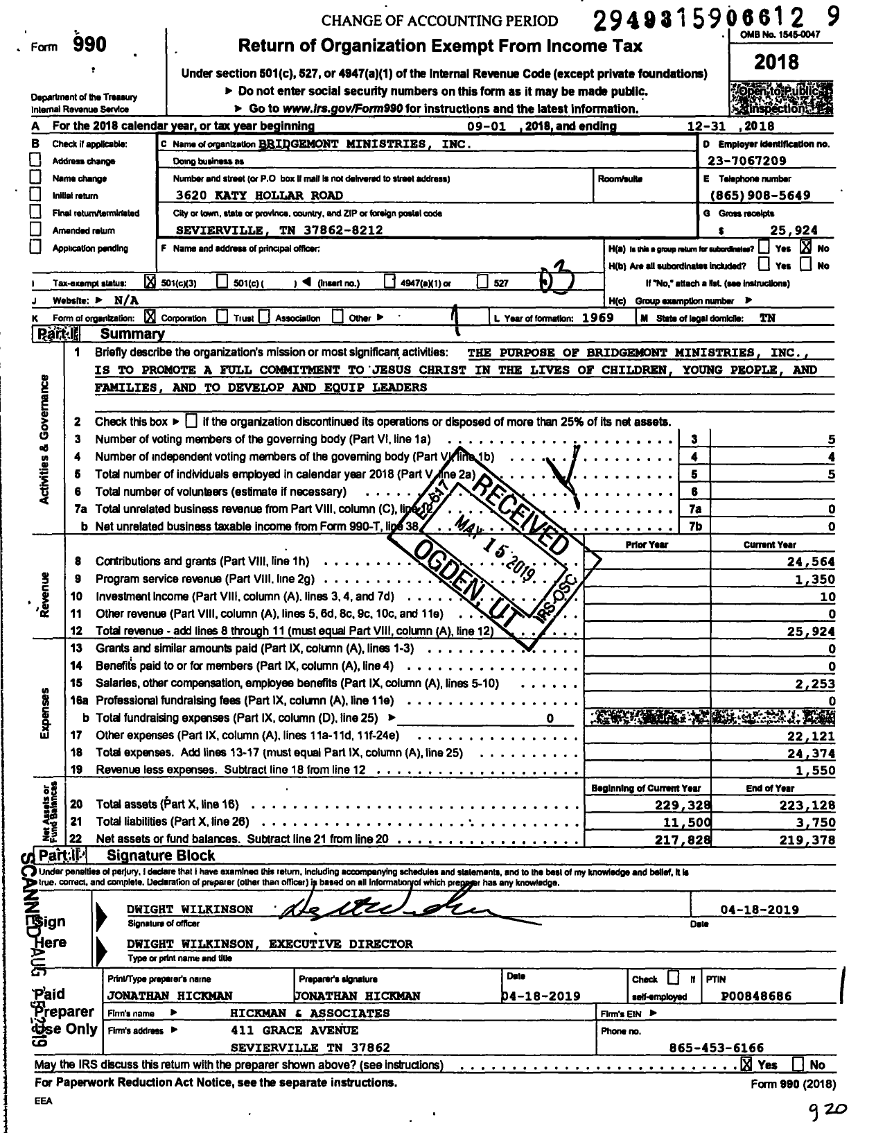 Image of first page of 2018 Form 990 for Bridgemont Ministries