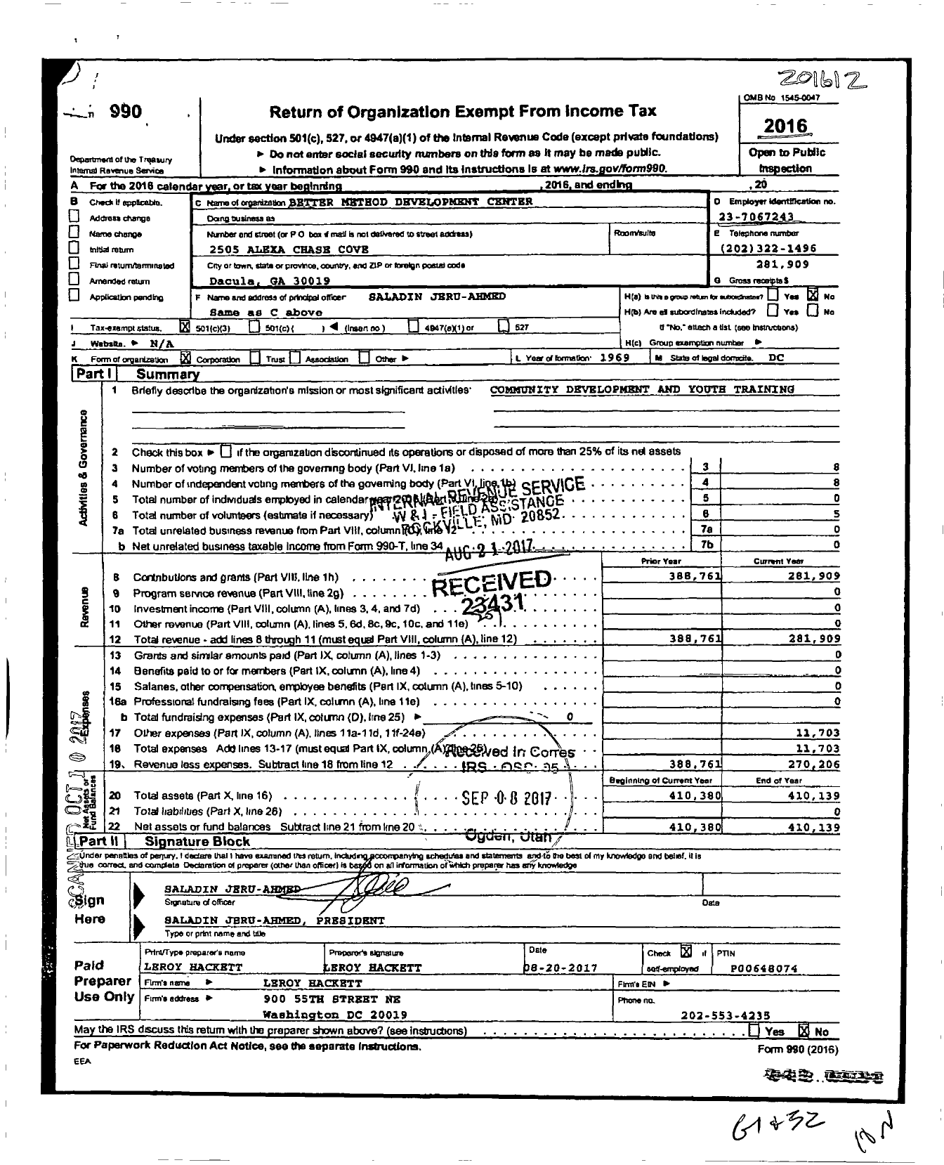 Image of first page of 2016 Form 990 for Better Method Development Center