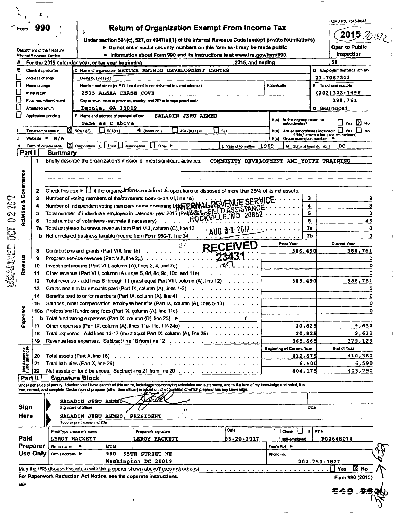 Image of first page of 2015 Form 990 for Better Method Development Center