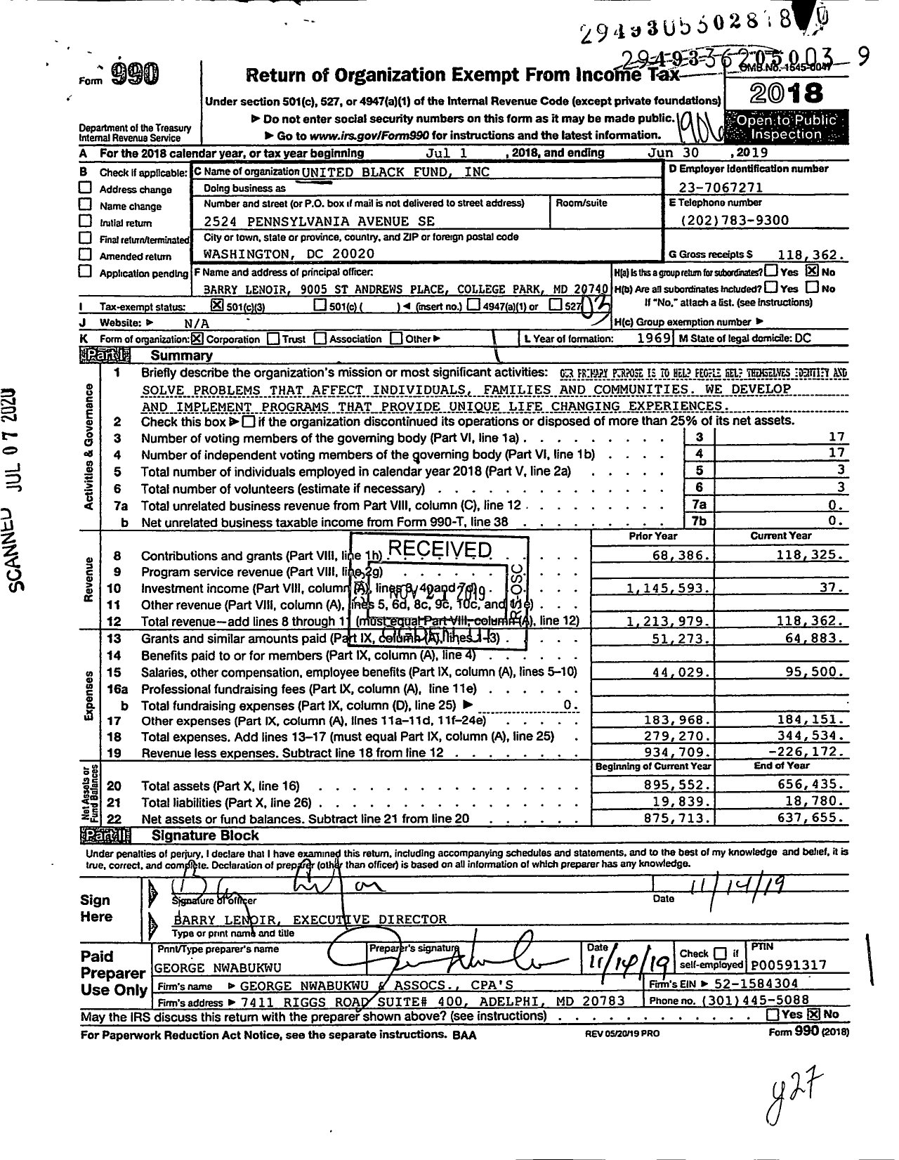 Image of first page of 2018 Form 990 for United Black Fund