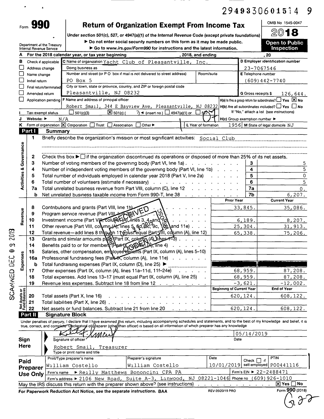 Image of first page of 2018 Form 990O for Yacht Club of Pleasantville