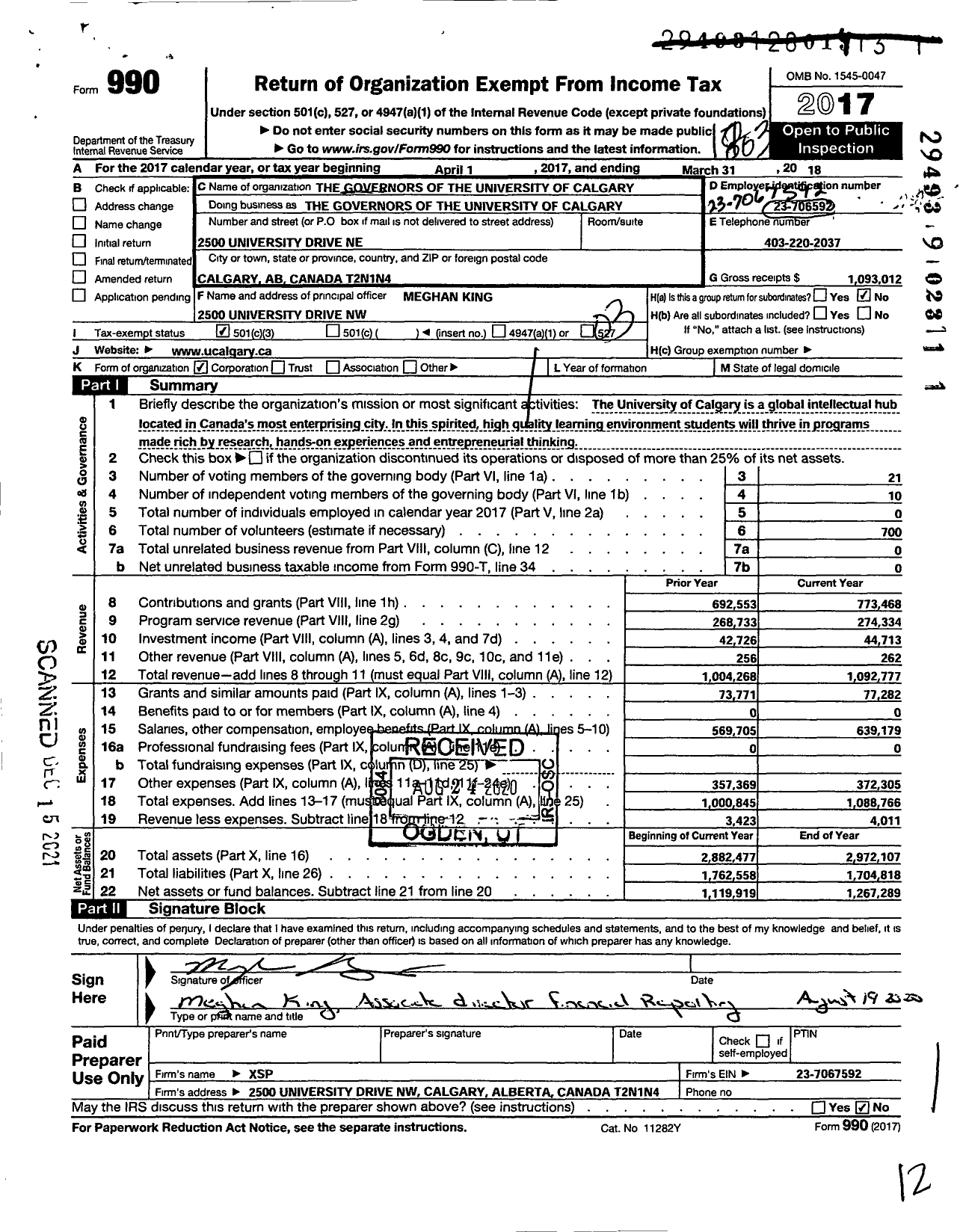 Image of first page of 2017 Form 990 for The Governors of the University of Calgary