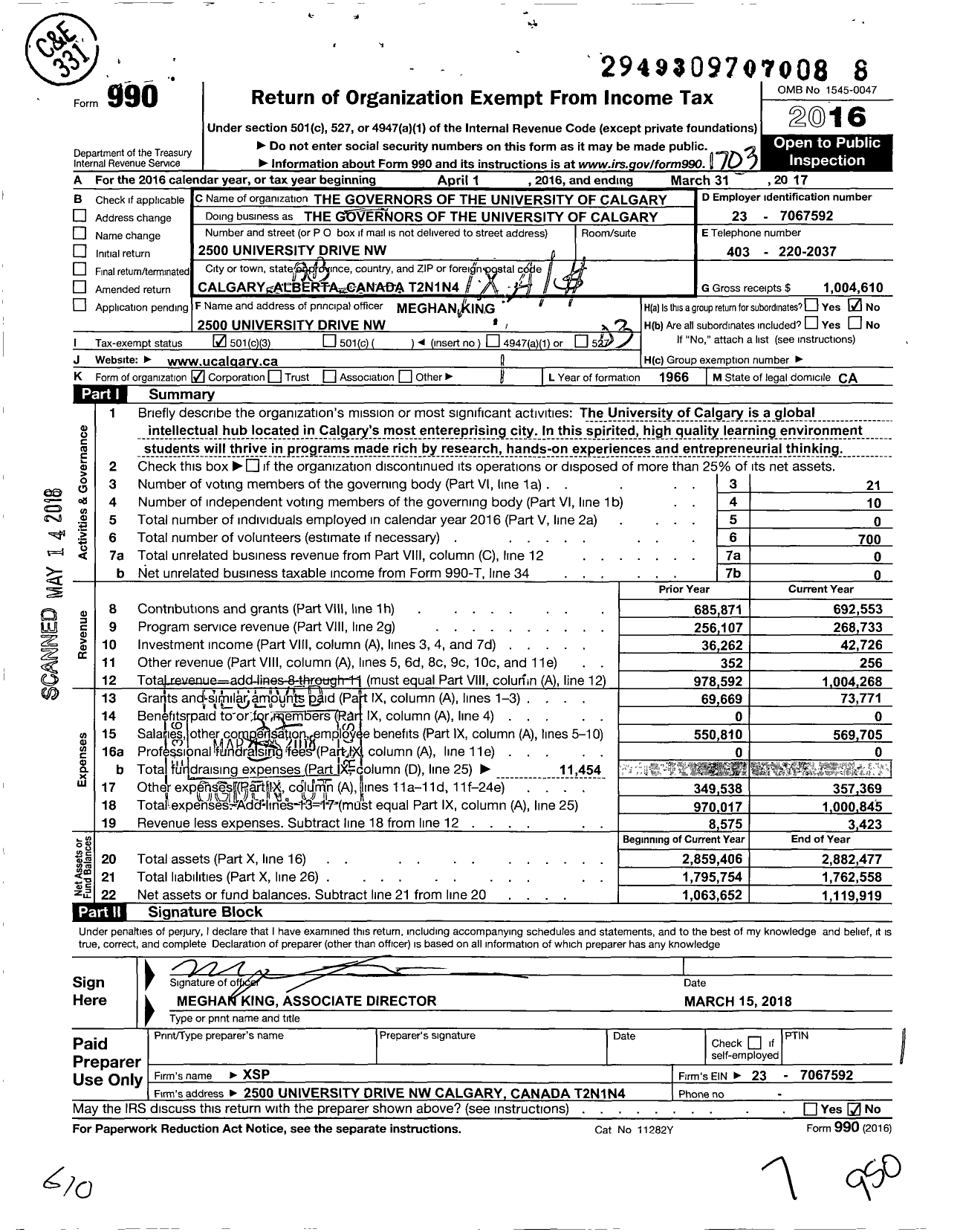 Image of first page of 2016 Form 990 for The Governors of the University of Calgary