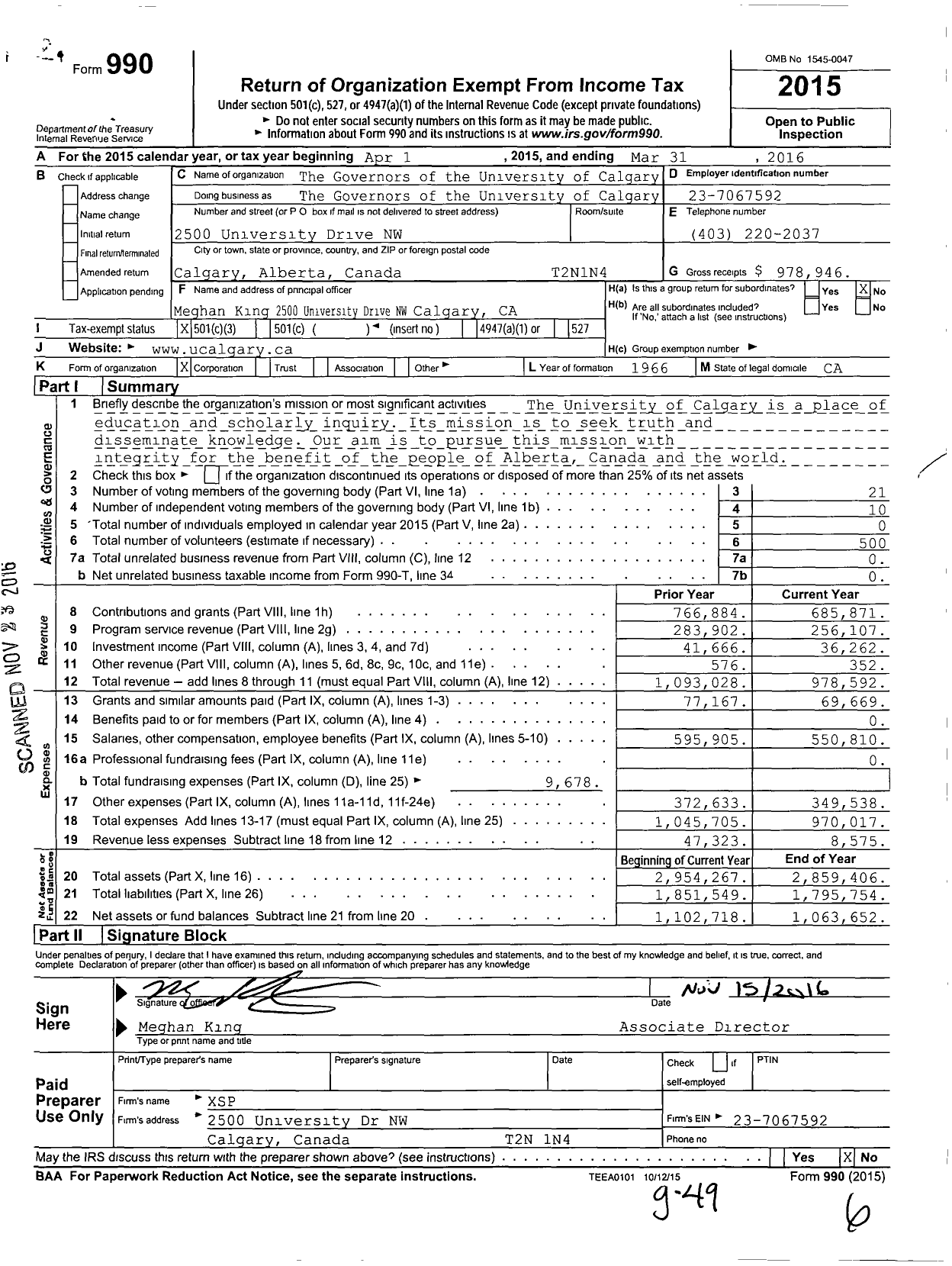 Image of first page of 2015 Form 990 for The Governors of the University of Calgary