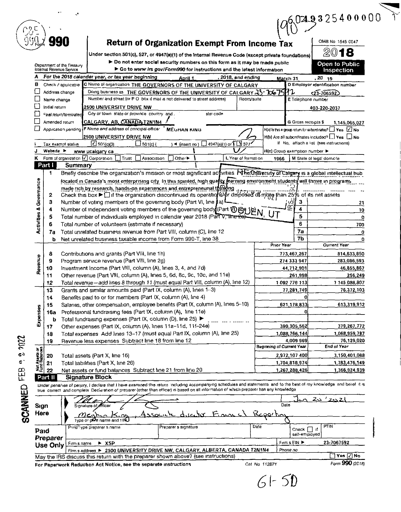 Image of first page of 2018 Form 990 for The Governors of the University of Calgary