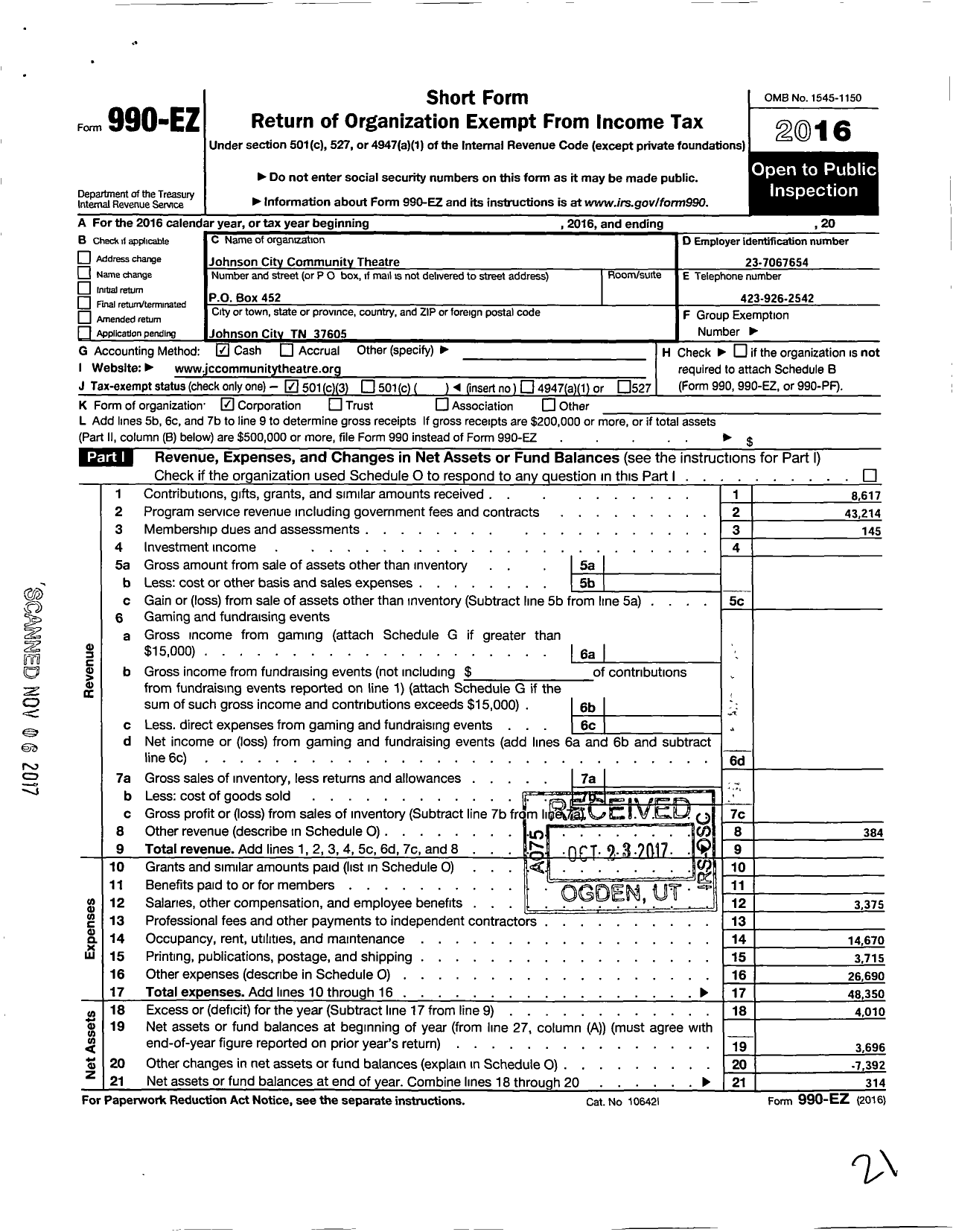 Image of first page of 2016 Form 990EZ for Johnson City Community Theatre