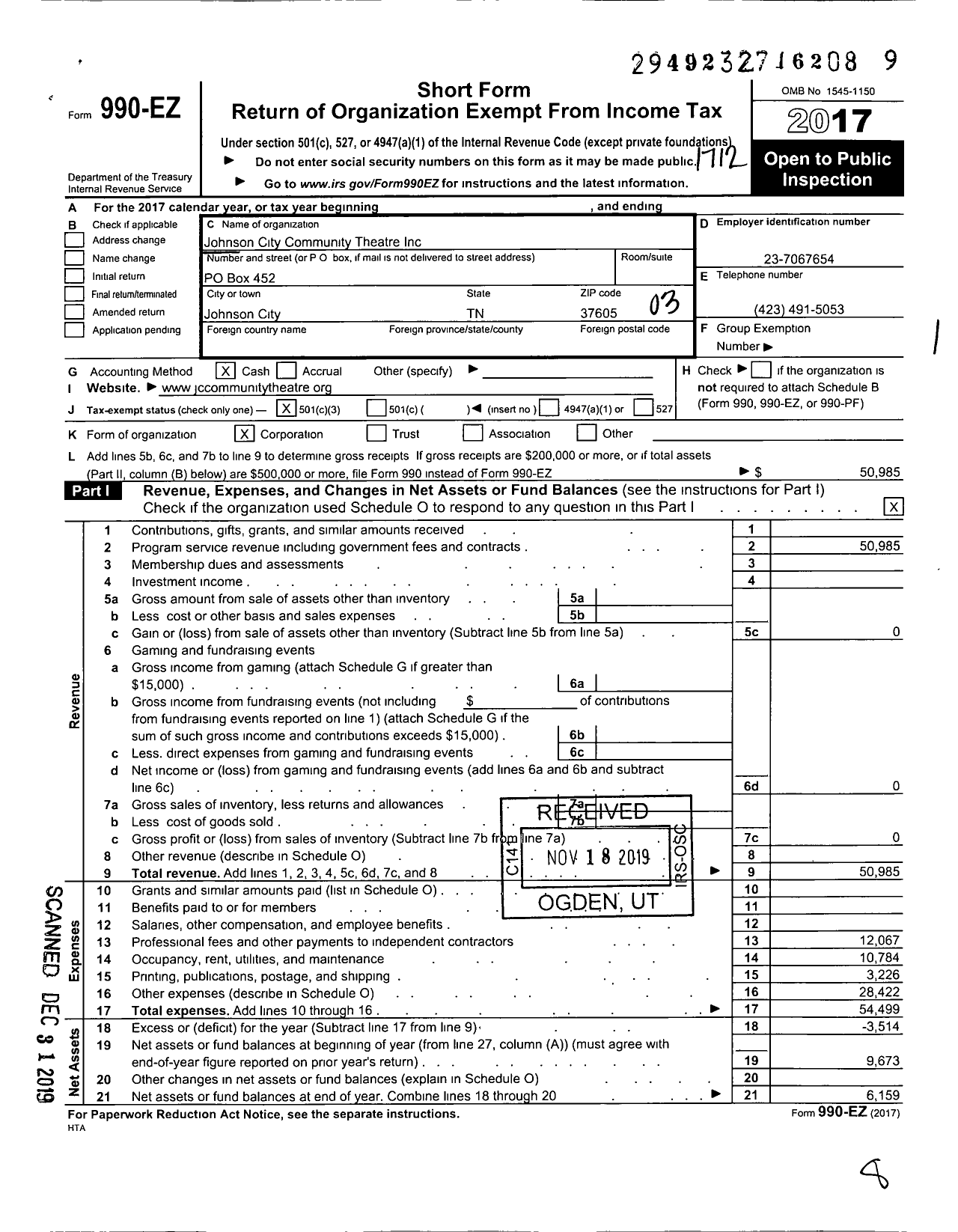 Image of first page of 2017 Form 990EZ for Johnson City Community Theatre