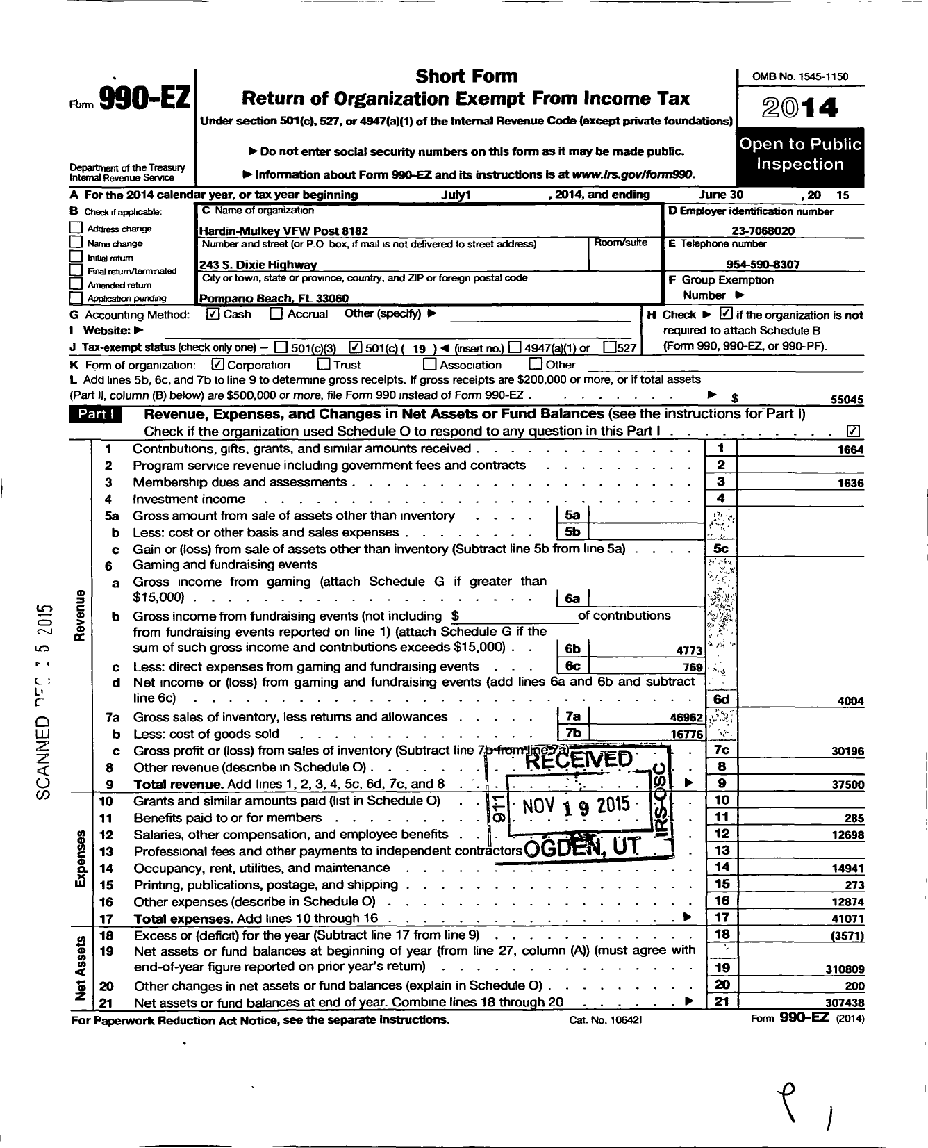 Image of first page of 2014 Form 990EO for VFW Department of Florida - 8182 VFW Post