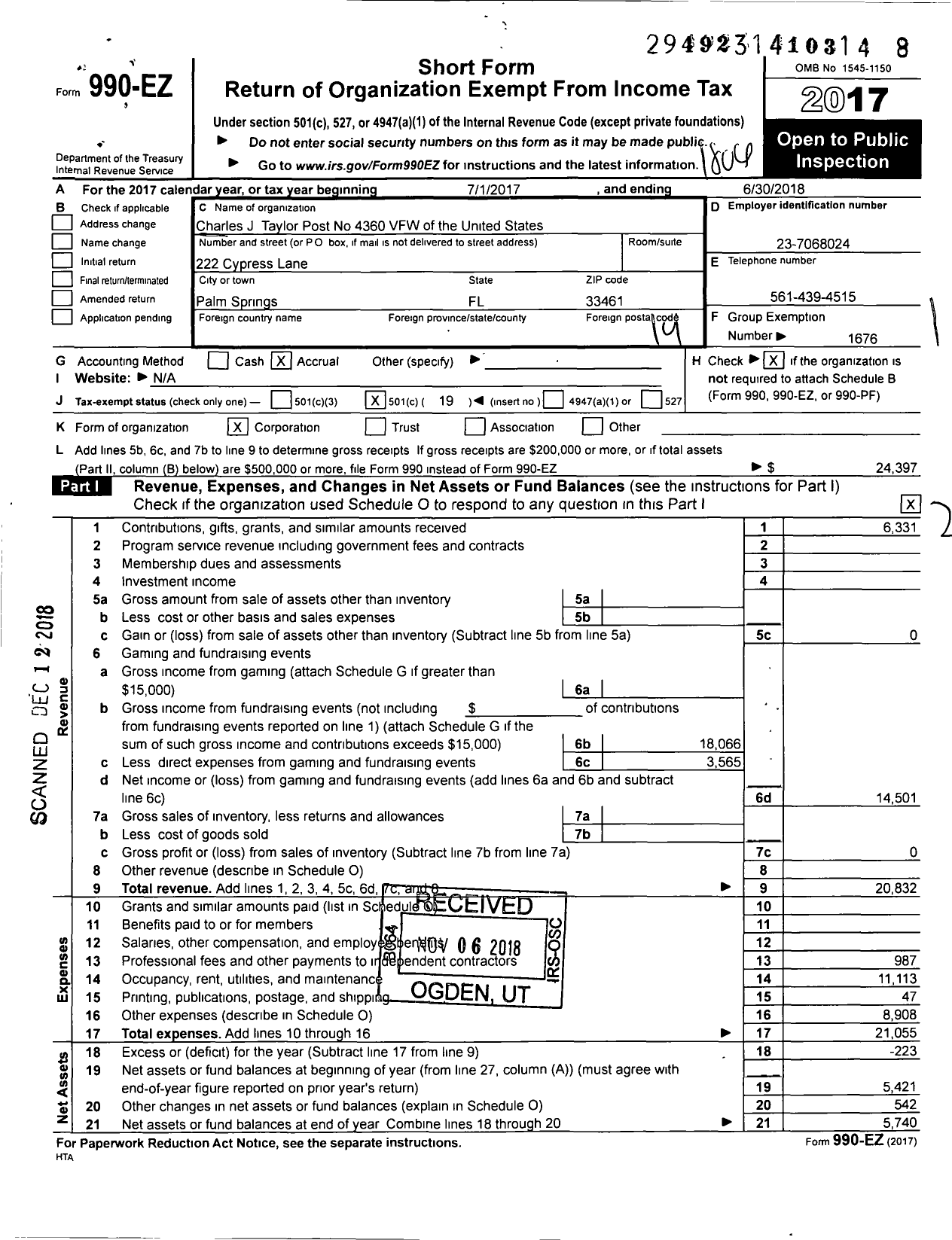 Image of first page of 2017 Form 990EO for VFW Department of Florida - 4360 Post