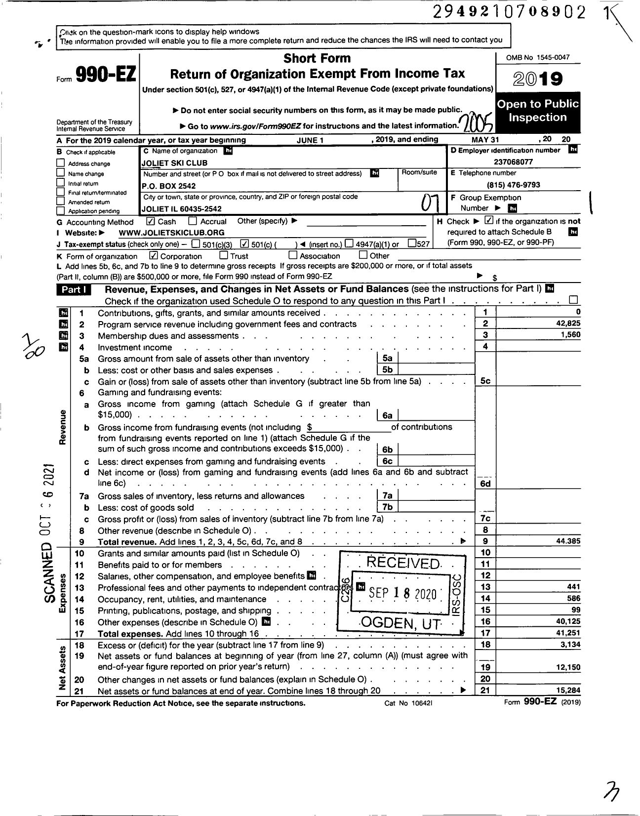 Image of first page of 2019 Form 990EO for Joliet Ski Club