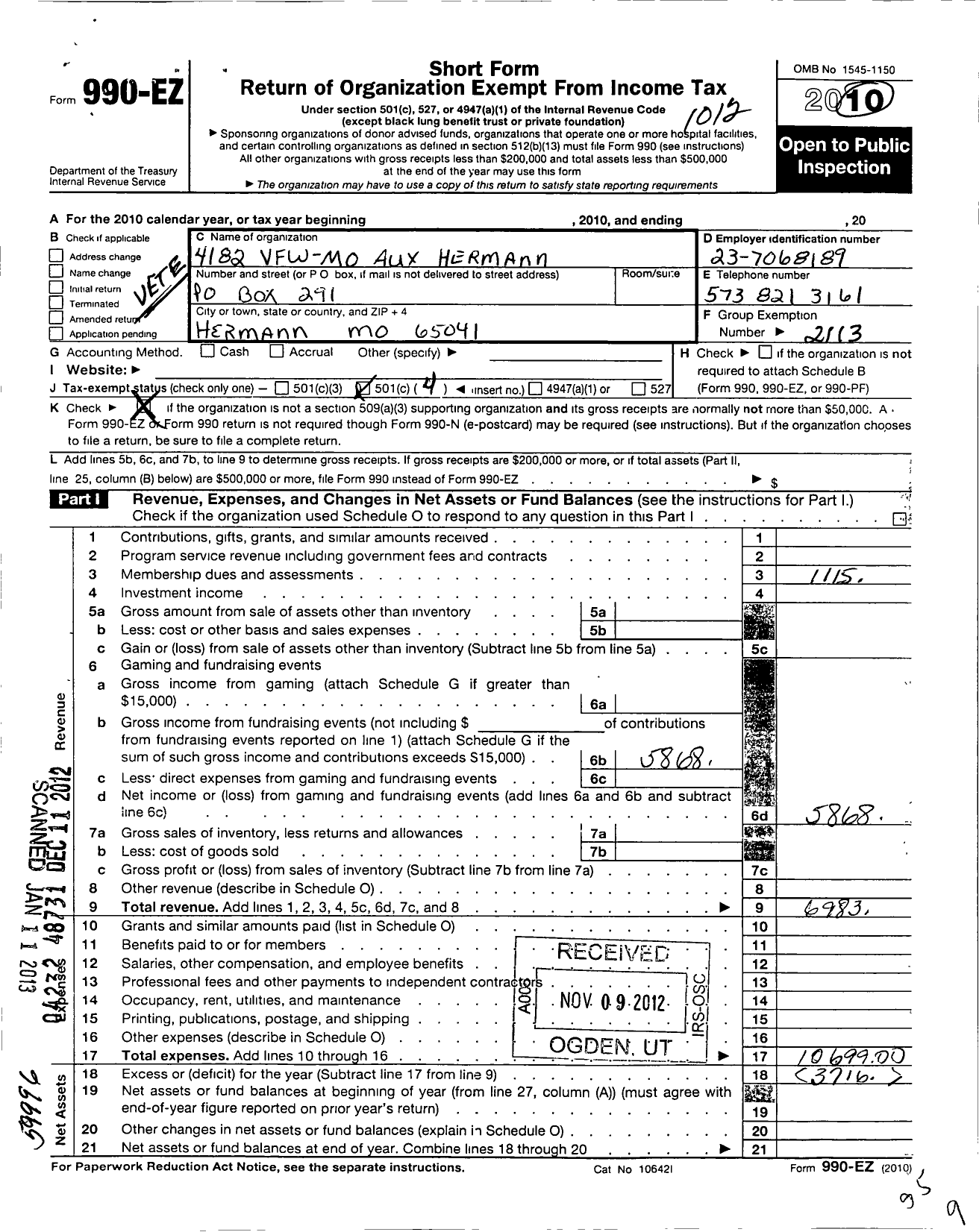 Image of first page of 2010 Form 990EO for VFW Auxiliary Department of Missouri - 4182 VFW Auxiliary Hermann Post