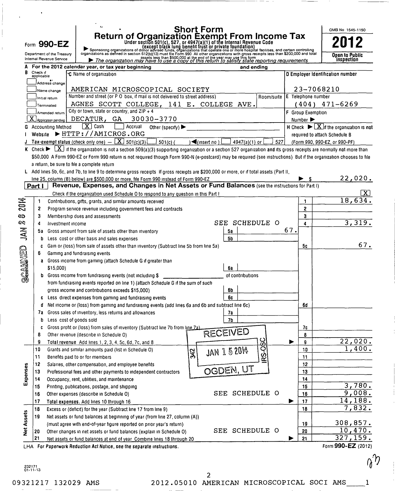 Image of first page of 2012 Form 990EZ for American Microscopical Society