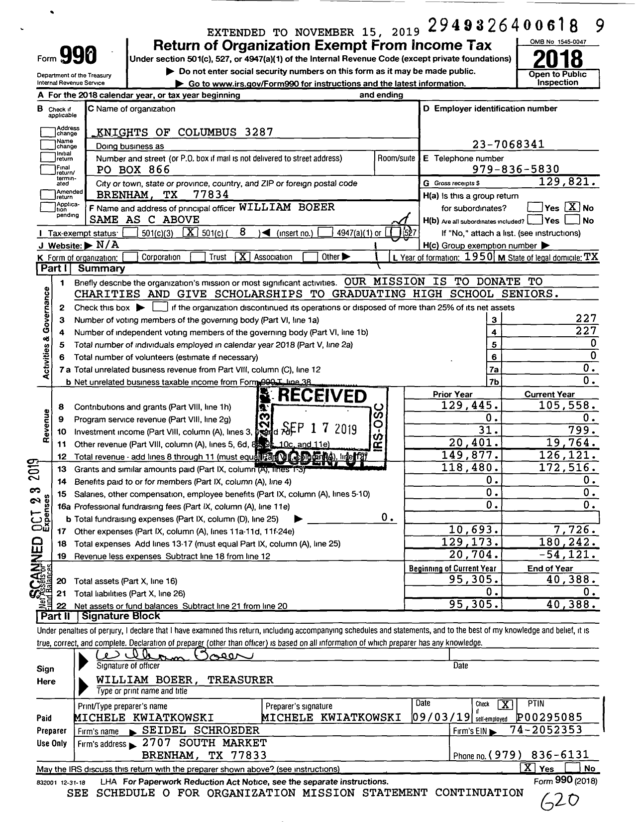 Image of first page of 2018 Form 990O for Knights of Columbus - 3287 St Josephs Council