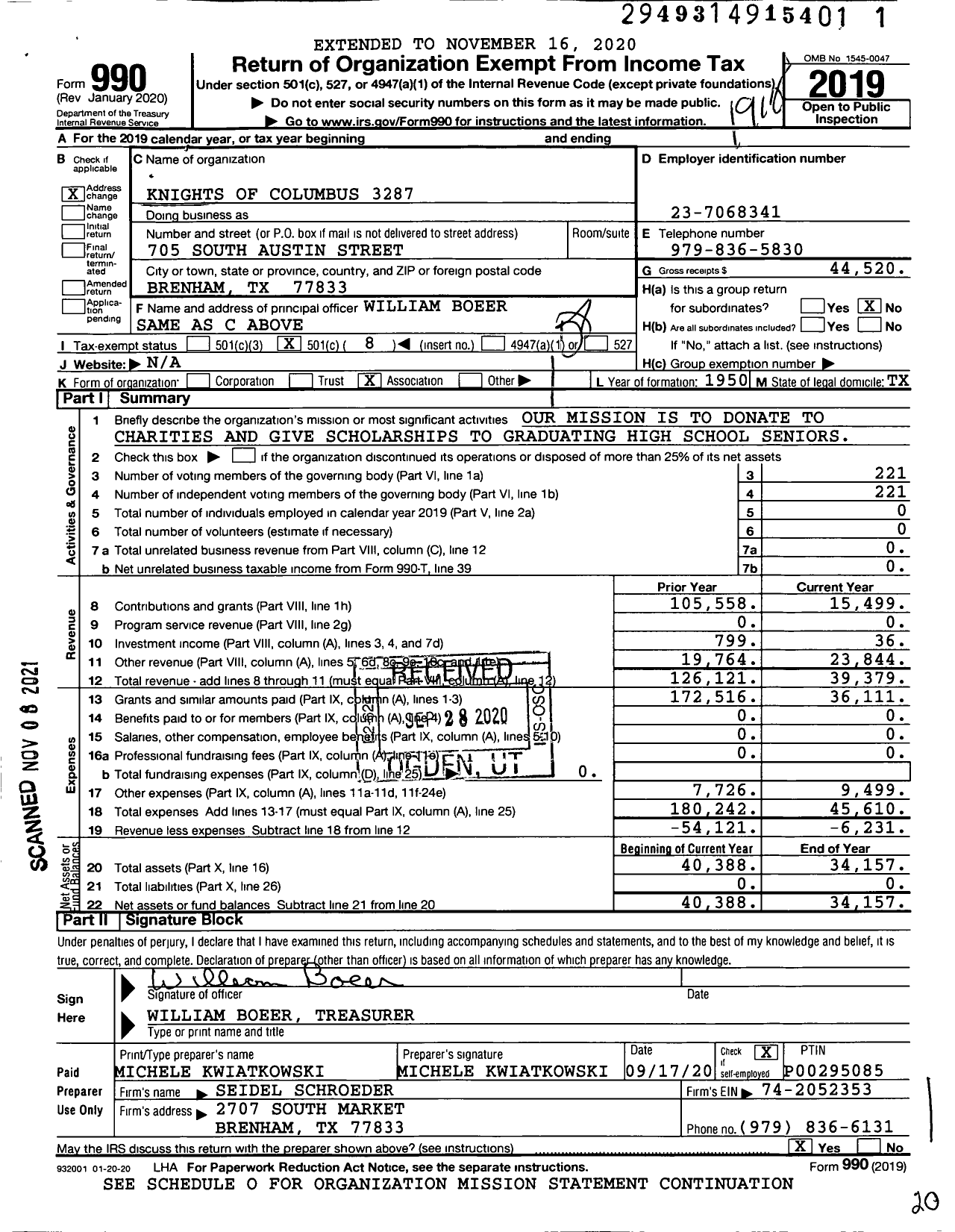 Image of first page of 2019 Form 990O for Knights of Columbus - 3287 St Josephs Council