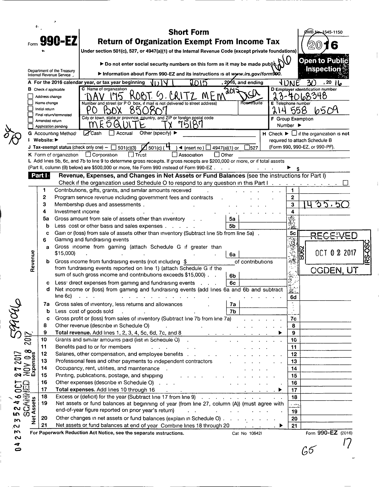 Image of first page of 2015 Form 990EO for Disabled American Veterans