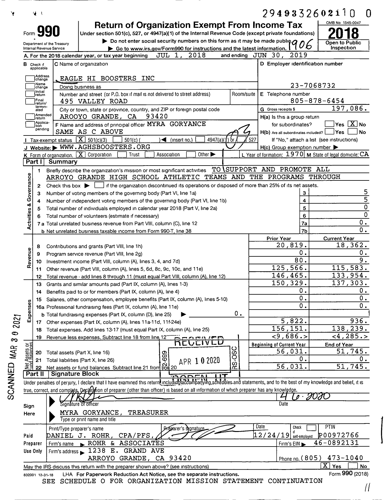 Image of first page of 2018 Form 990 for Eagle Hi Boosters