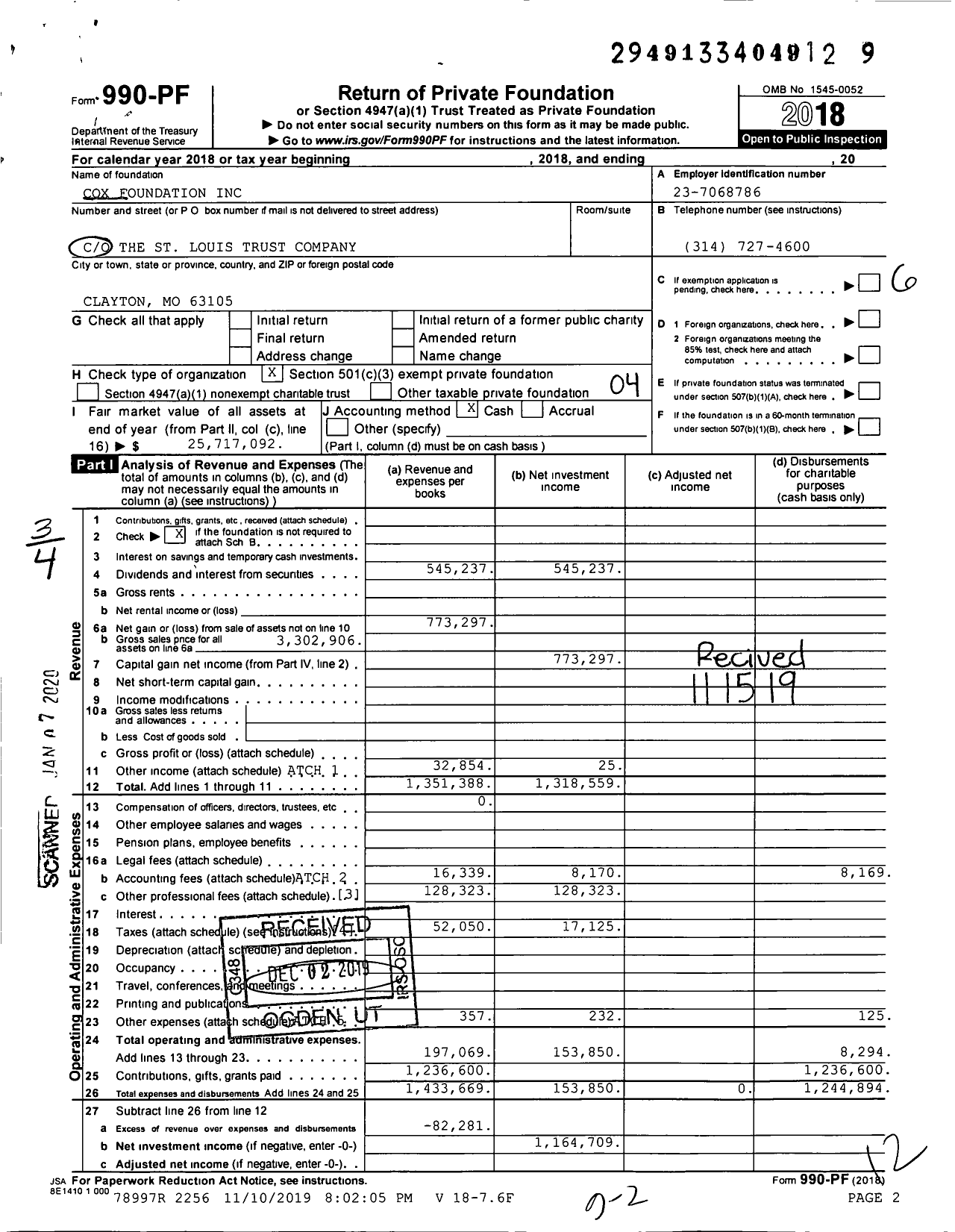 Image of first page of 2018 Form 990PF for Cox Foundation