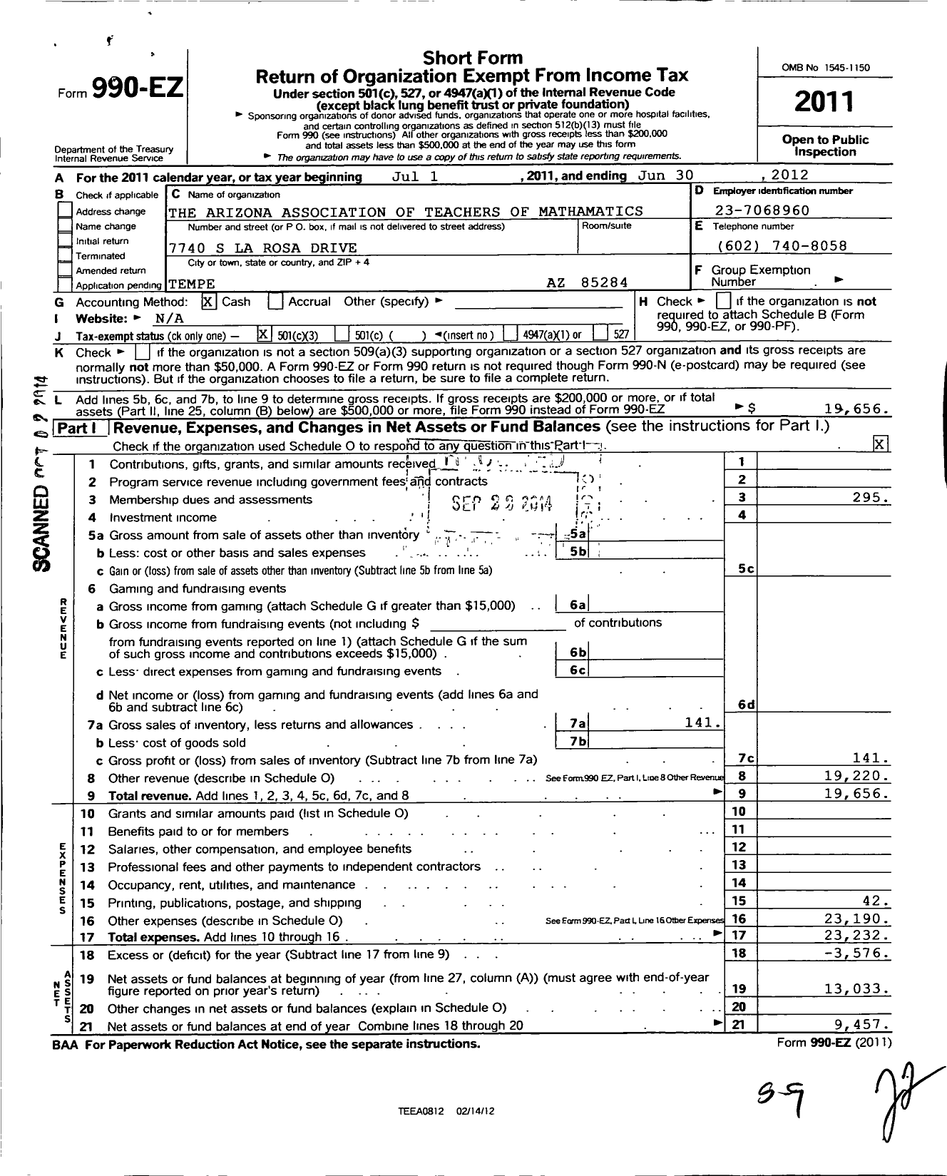 Image of first page of 2011 Form 990EZ for Arizona Association of Teachers of Mathematics