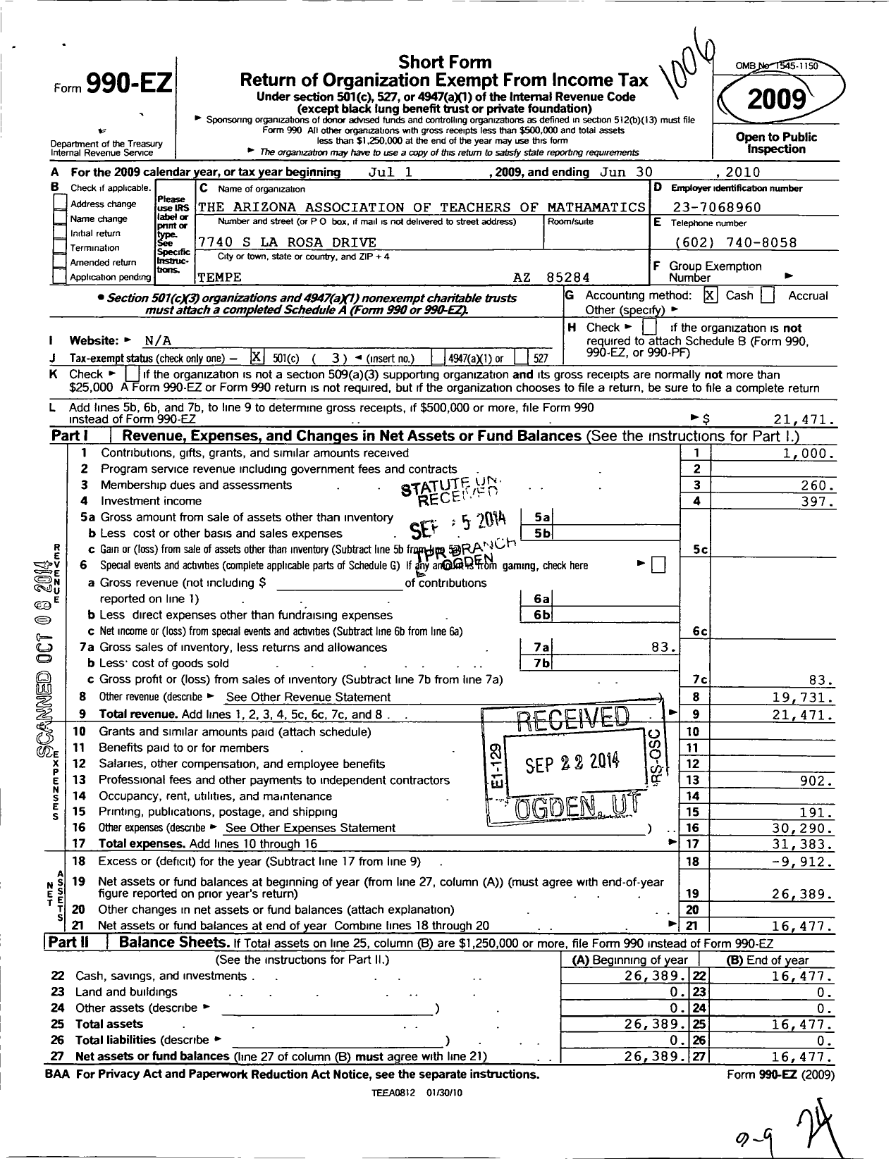 Image of first page of 2009 Form 990EZ for Arizona Association of Teachers of Mathematics