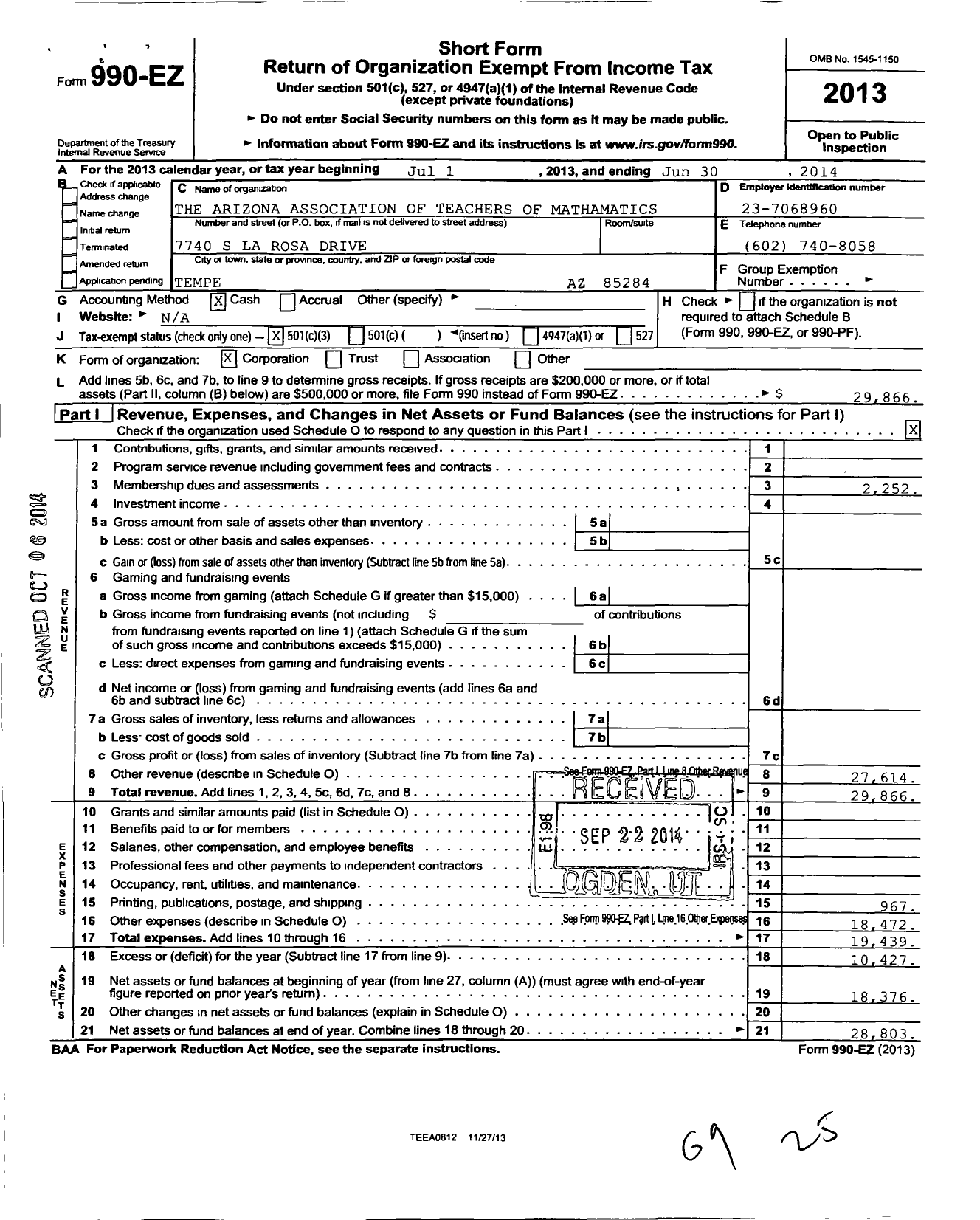 Image of first page of 2013 Form 990EZ for Arizona Association of Teachers of Mathematics