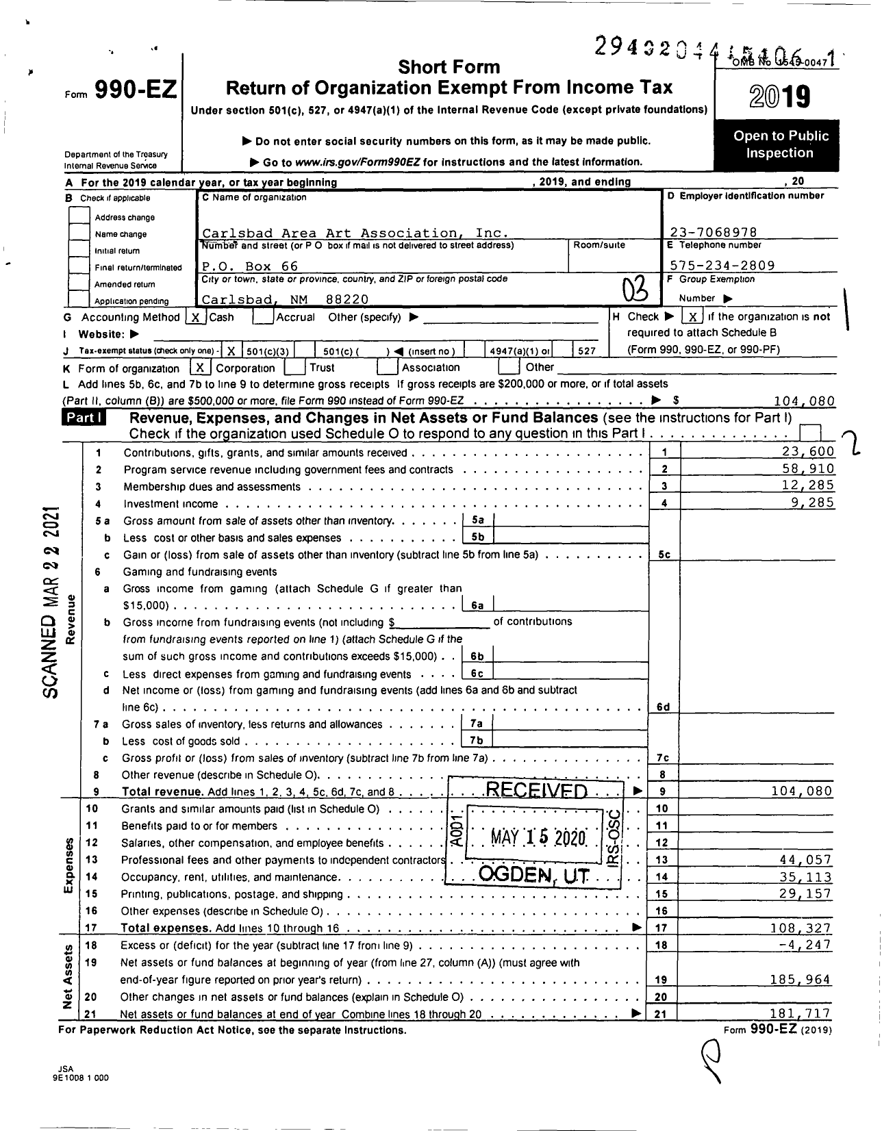 Image of first page of 2019 Form 990EZ for Carlsbad Area Art Association