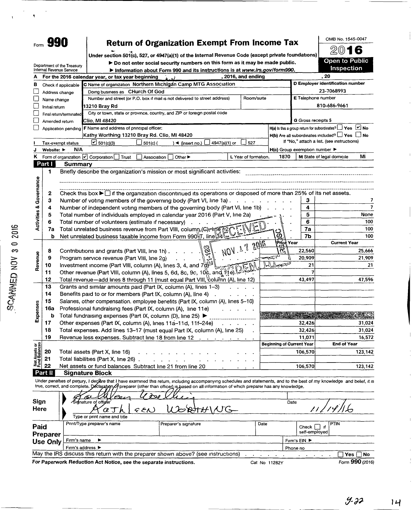 Image of first page of 2016 Form 990 for Northern Michigan Camp Meeting Association of the Church of God